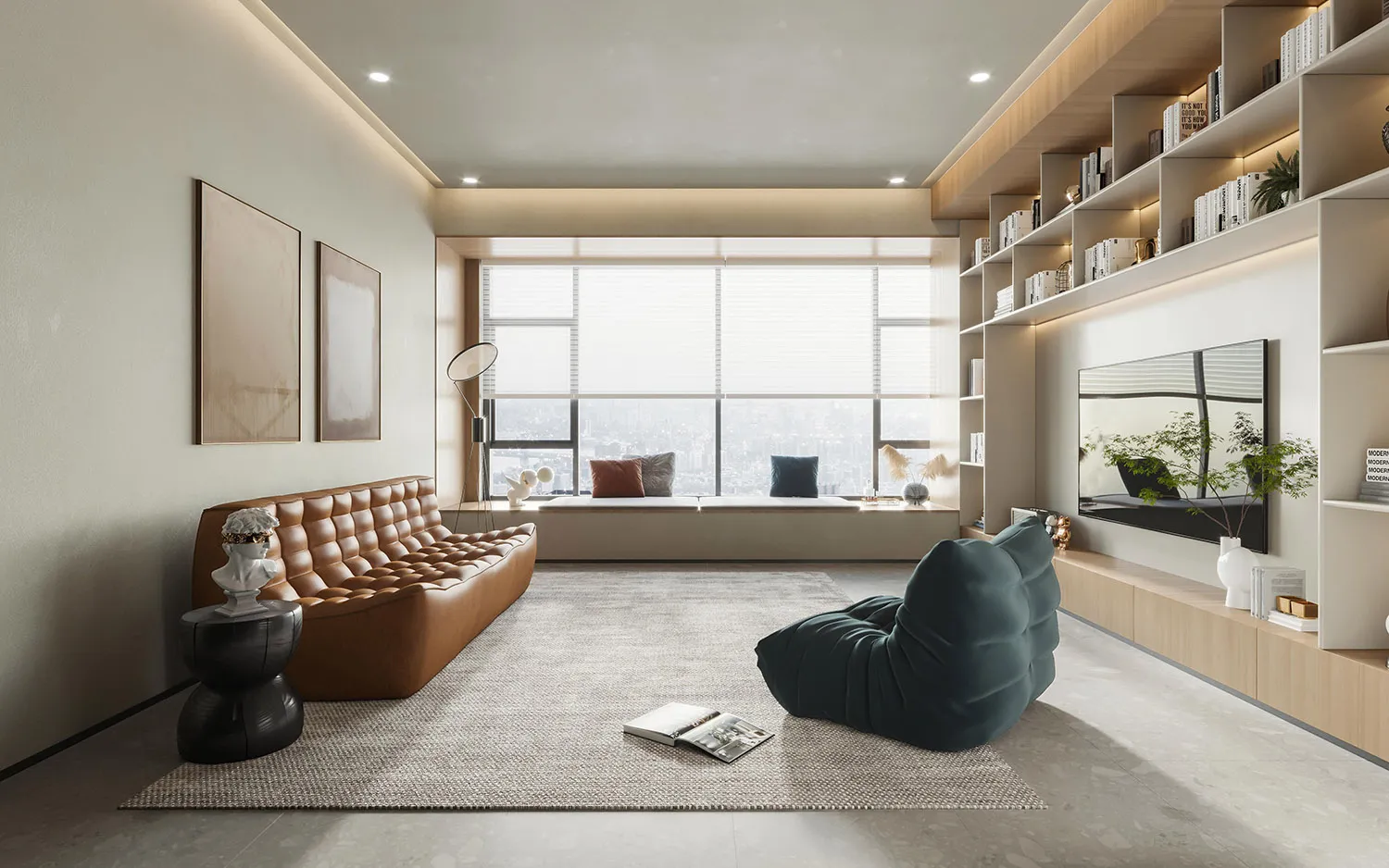 A modern minimalist living room with a brown leather sofa, a blue bean bag chair, and a large window overlooking a cityscape.