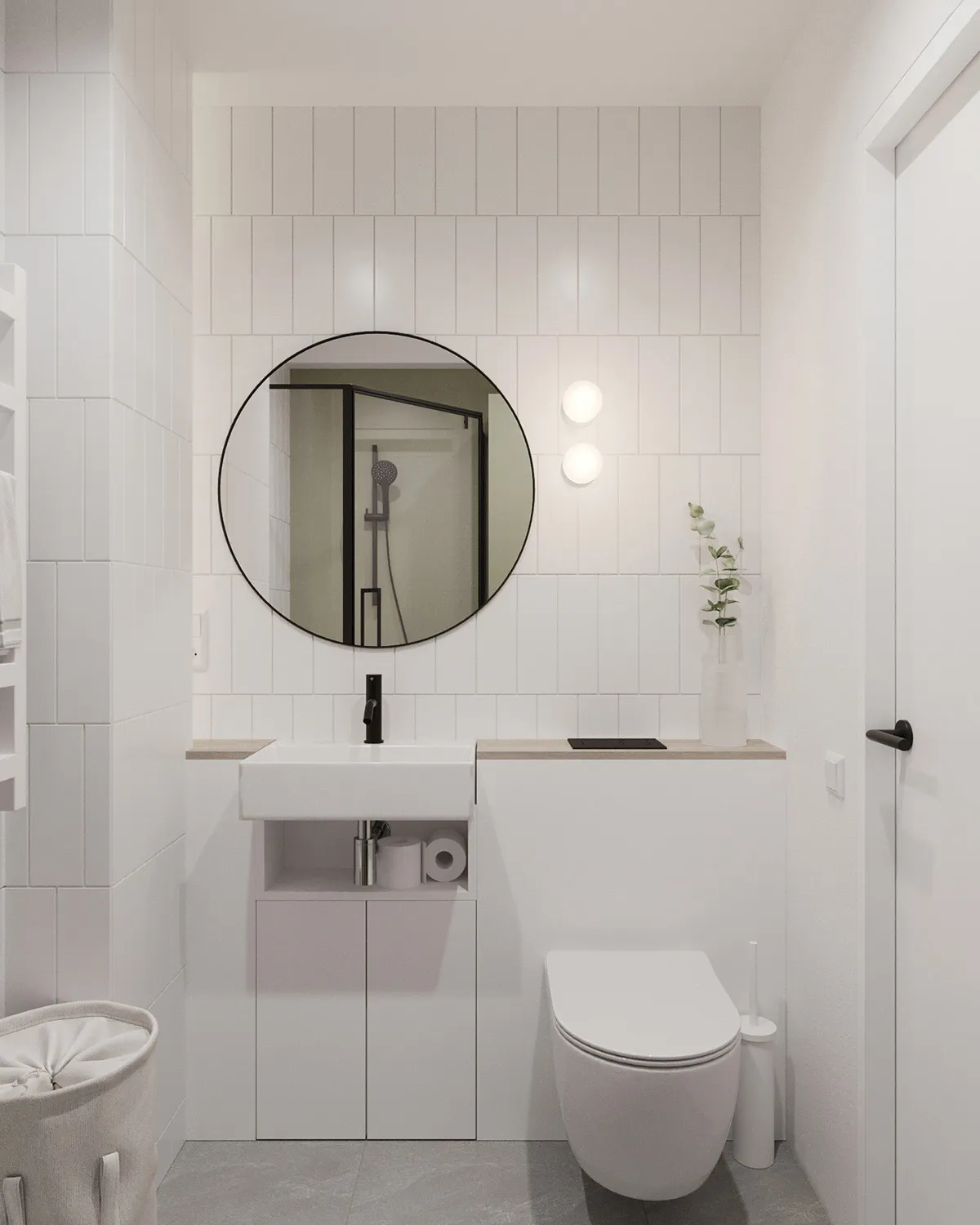 A minimalist bathroom featuring white tiles, a sink, a mirror, and a toilet.
