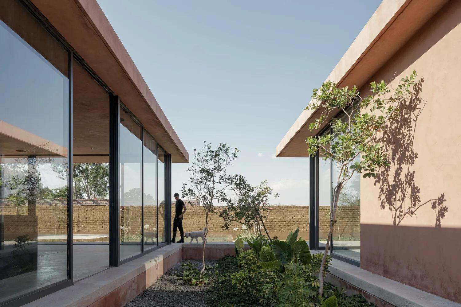 Modern house exterior with concrete walls and large glass windows