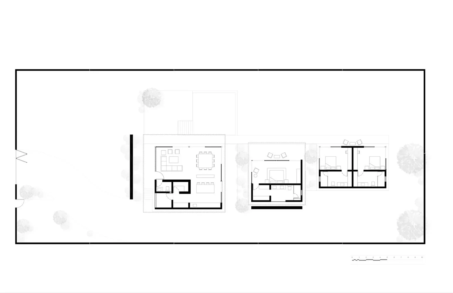 Modern residential floor plan with open concept living areas and a large backyard.