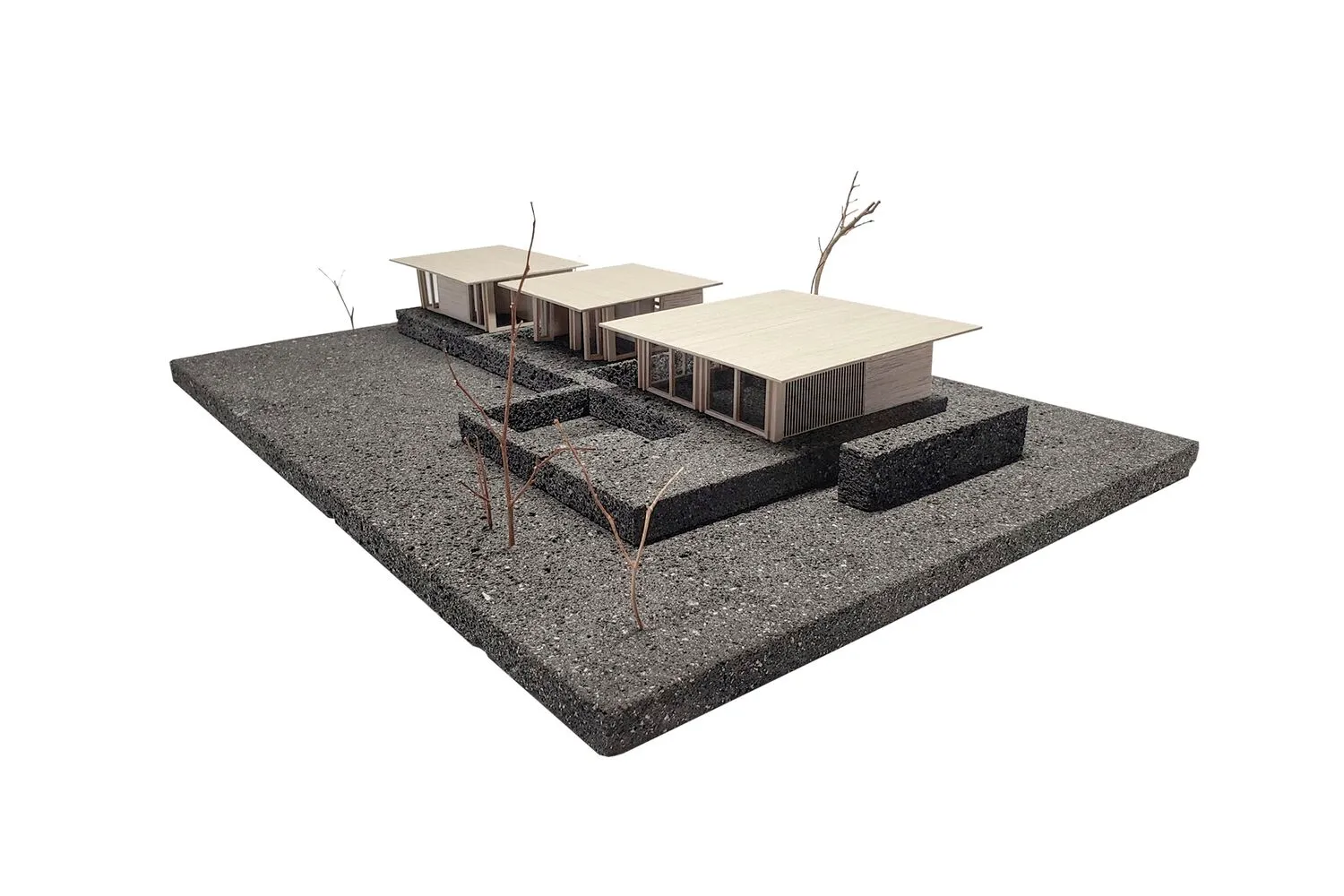 A modern minimalist house model rendered in three-dimensional perspective, showcasing wood materials and clean lines.