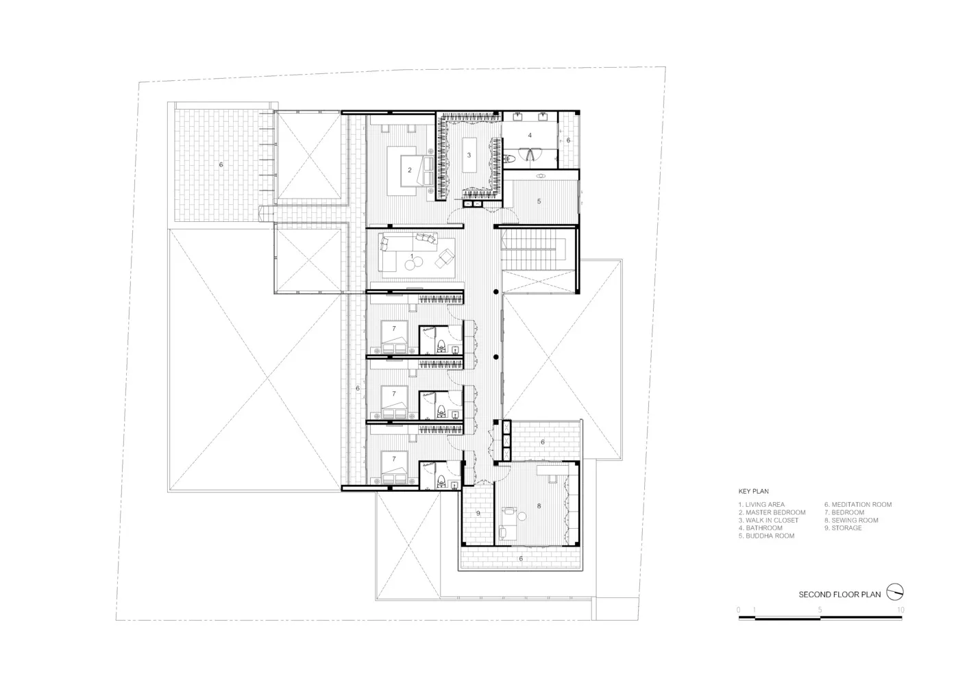 A black-and-white architectural drawing depicting the floor plan of a residential building's second floor.