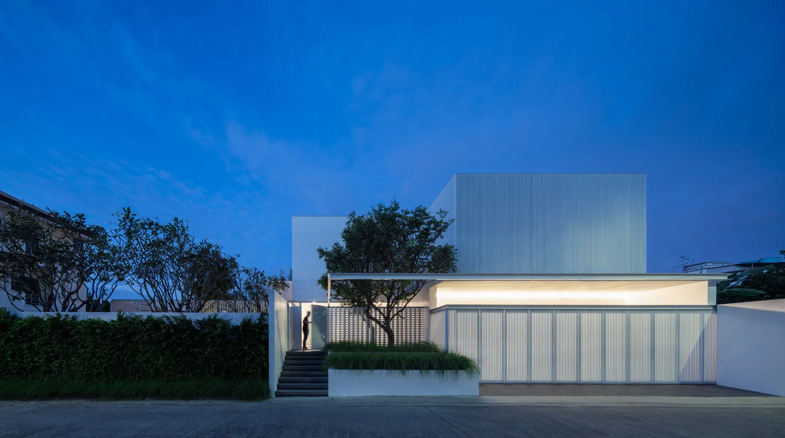 A modern residential exterior with metal cladding and a tree in a planter.