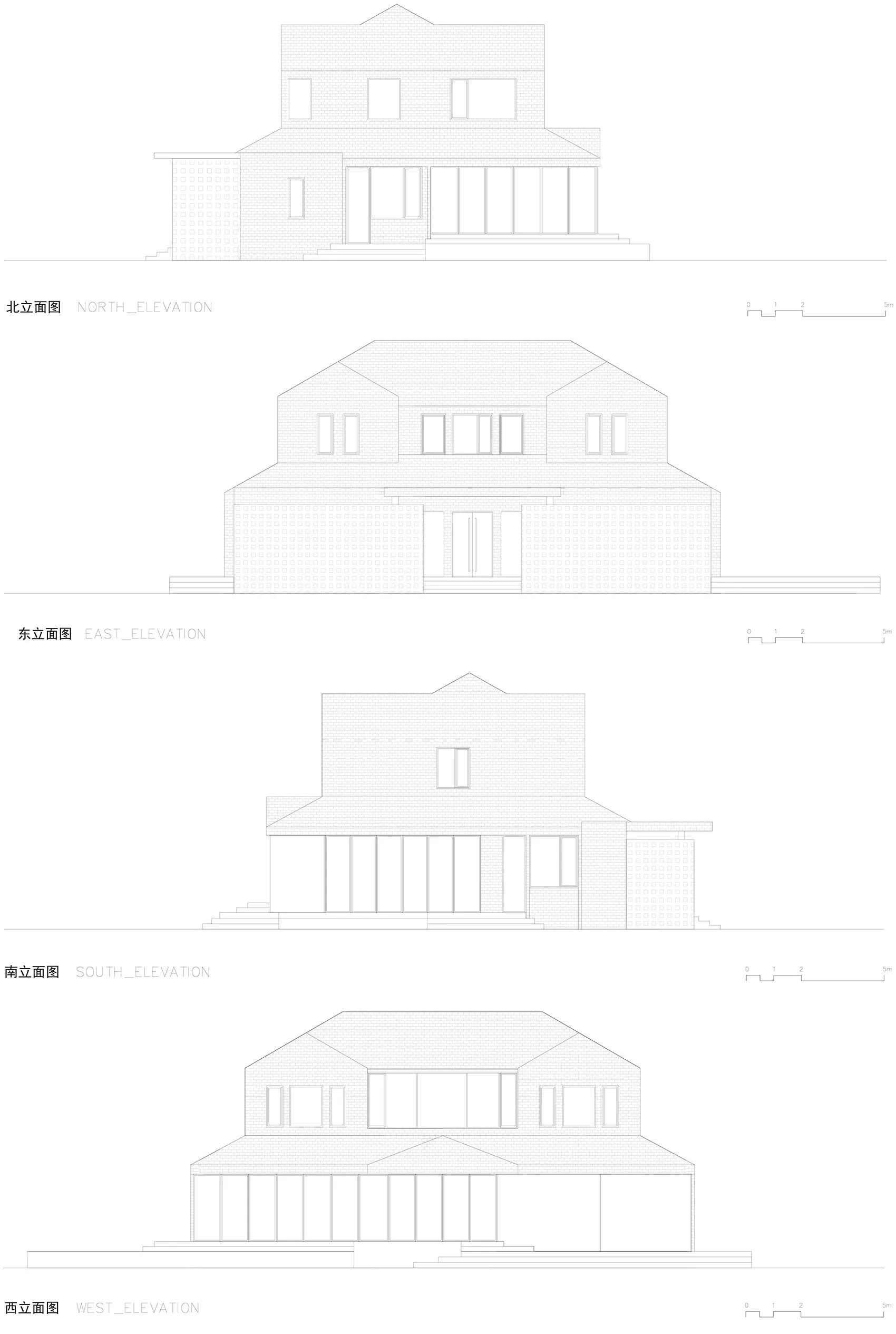 Drawing of a brick building's exterior, showing various views and dimensions.