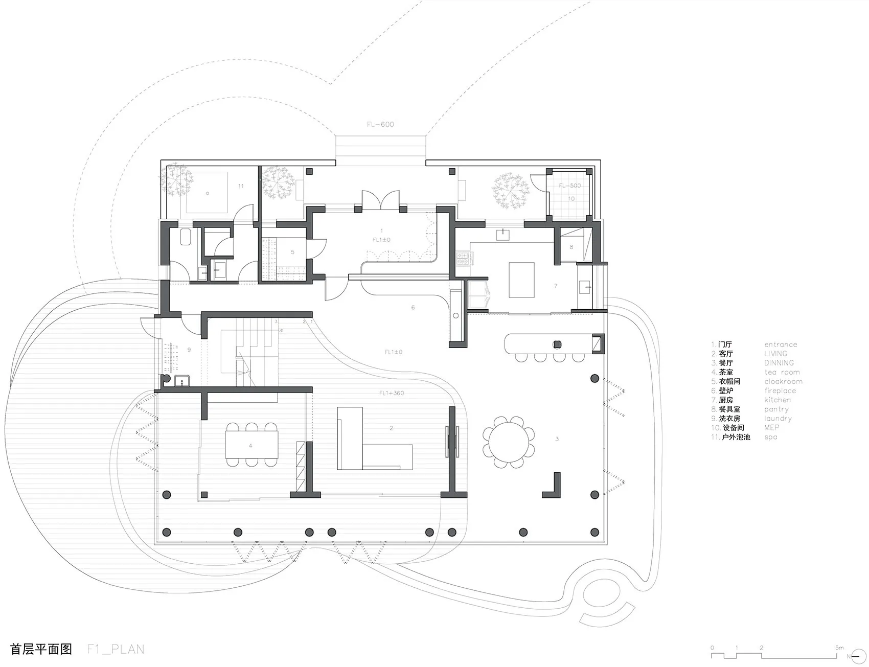 Floor plan of a modern residential interior featuring natural wood finishes.