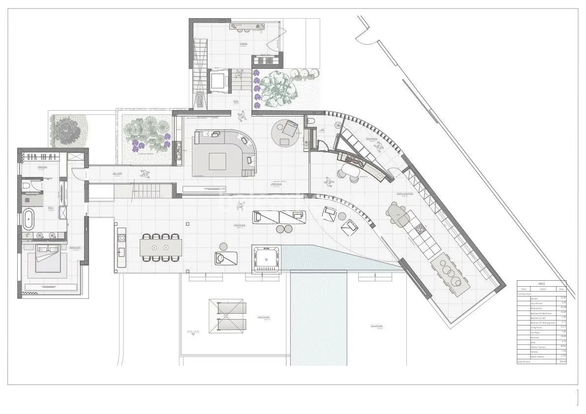 A detailed architectural floor plan of a modern residential space, featuring multiple rooms, a garden, and a pool area.