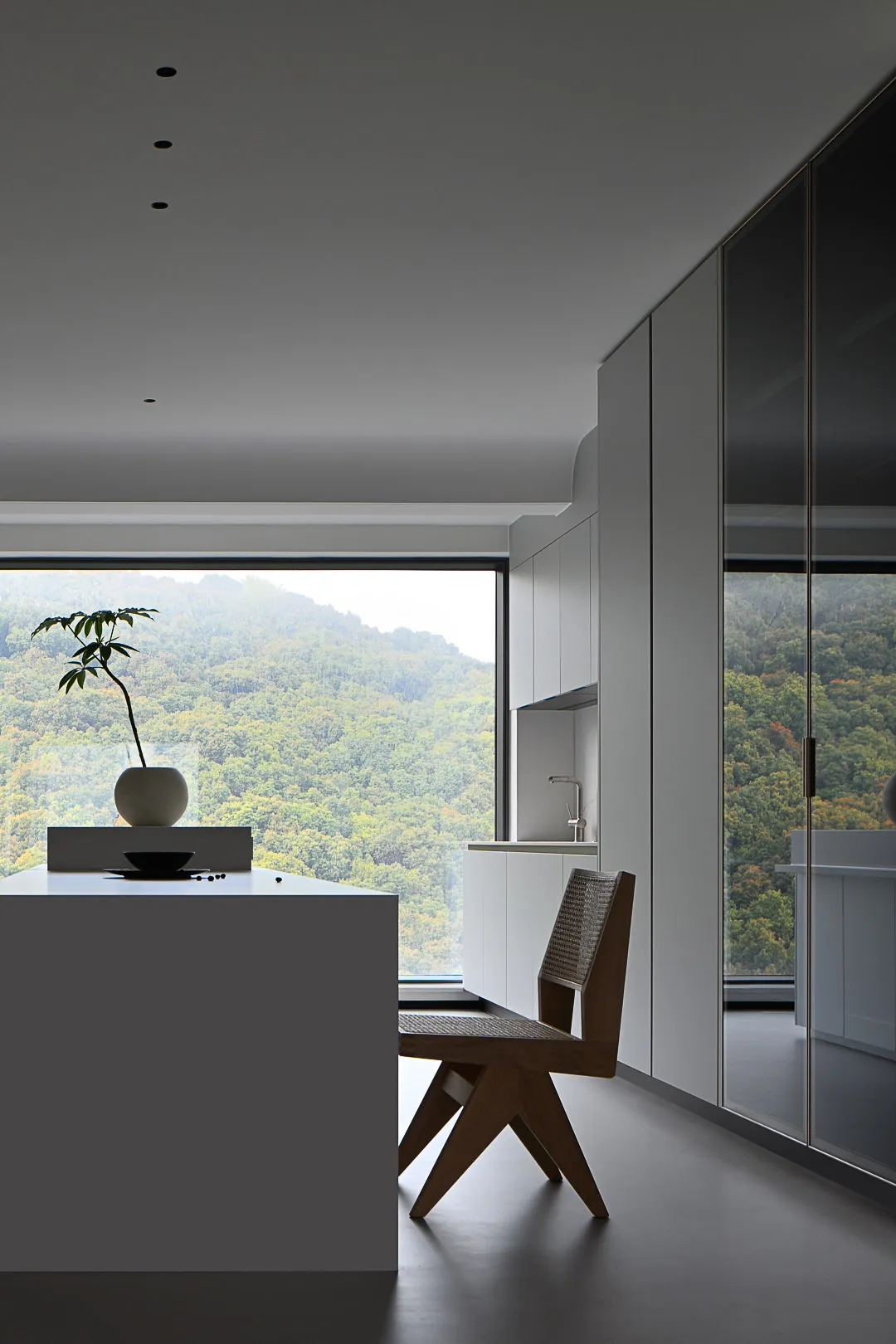 Modern kitchen featuring glass cabinets and a ceiling view of a green hillside.