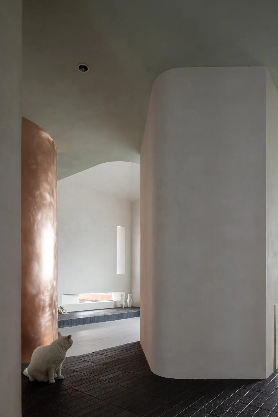 A modern living space featuring minimalist design, concrete and smooth curved walls, and elegant lighting.
