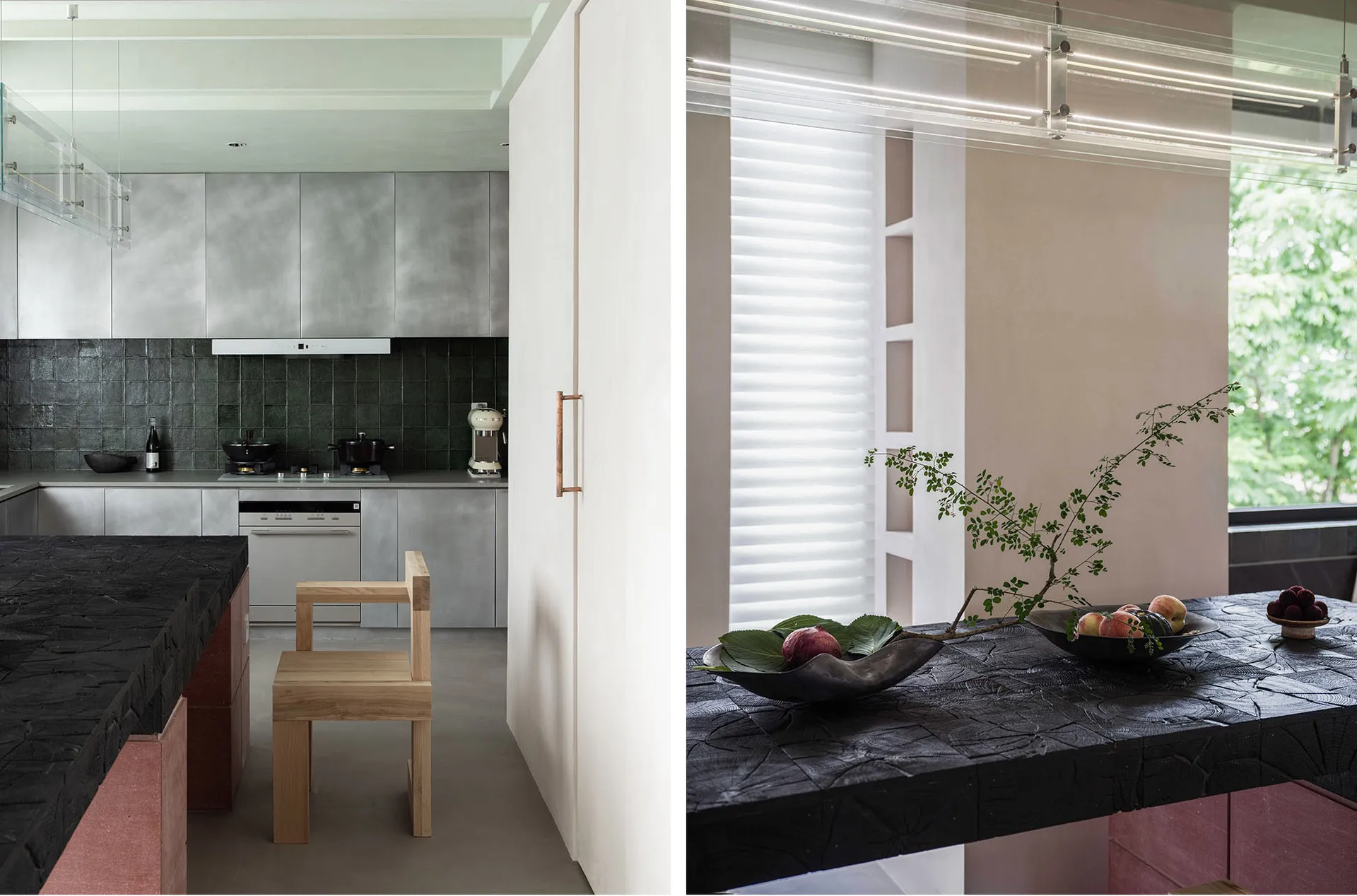A minimalist kitchen with metallic cabinets and wooden seating.