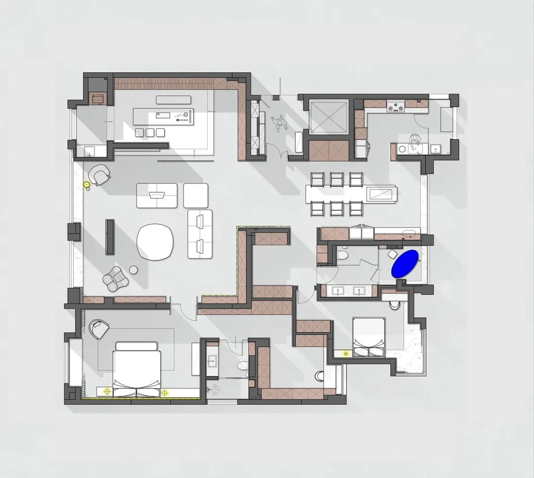 Simplified floor plan of a modern apartment featuring various rooms and furniture in neutral tones.