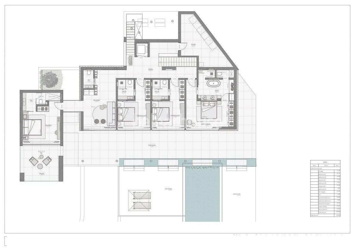 Floor plan of a modern residential building with concrete and glass materials.