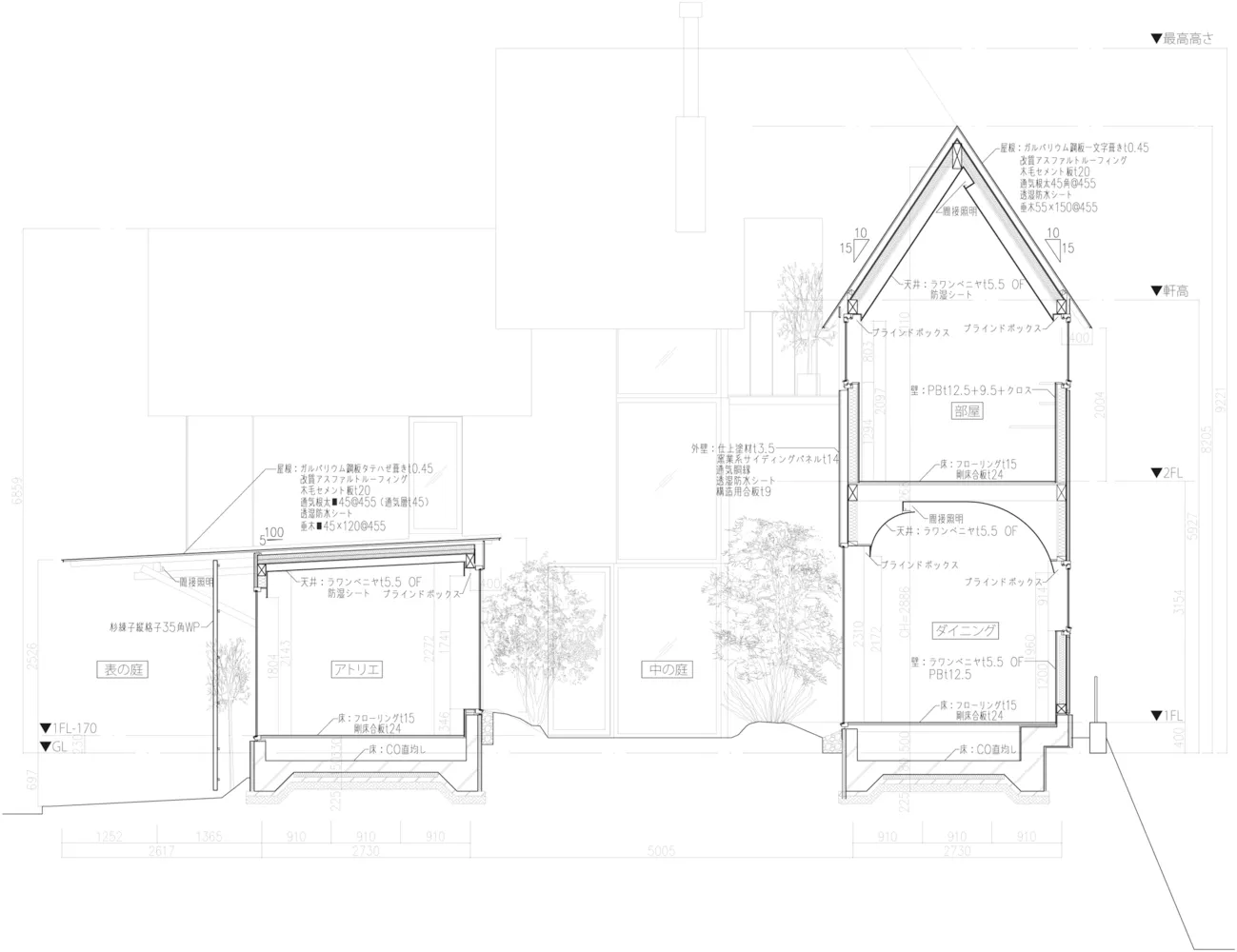 Modern residential floor plan with wooden finishes, glass windows, and concrete structural elements.