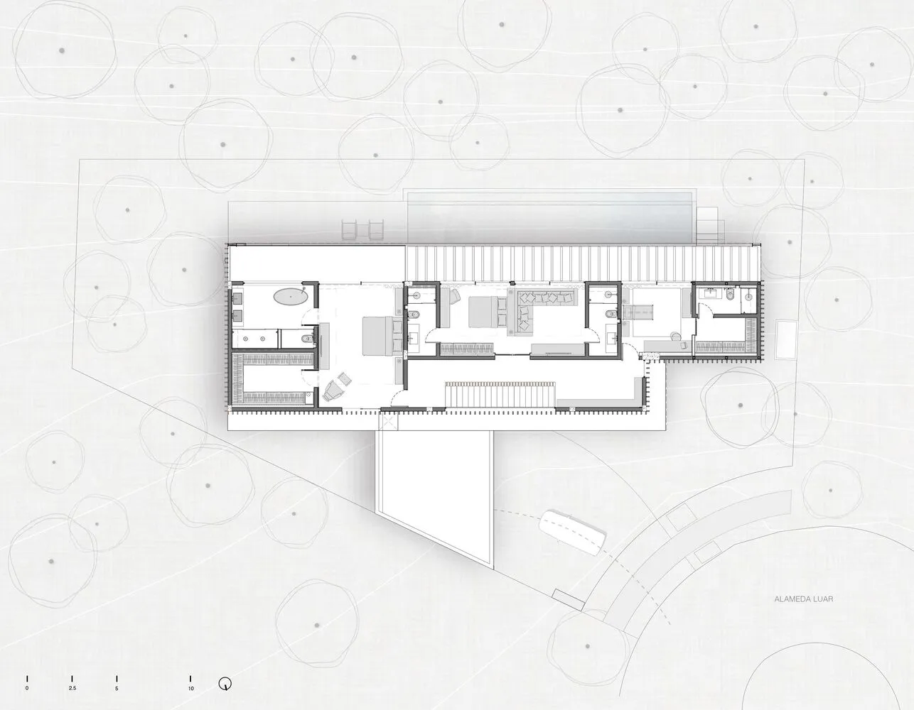 A detailed 2D architectural drawing of a modern residential floor plan.
