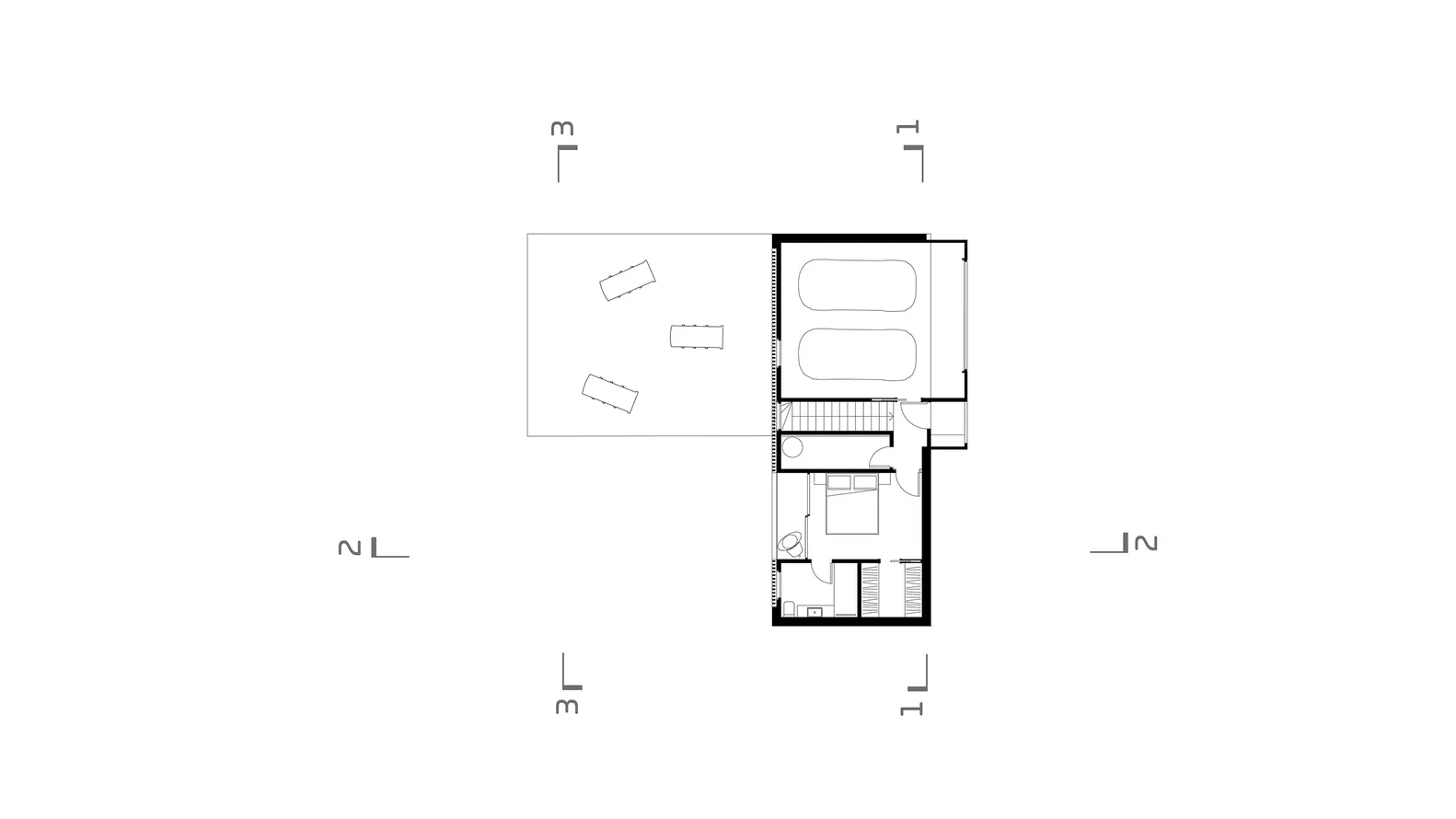 A black-and-white architectural drawing of a modern floor plan.