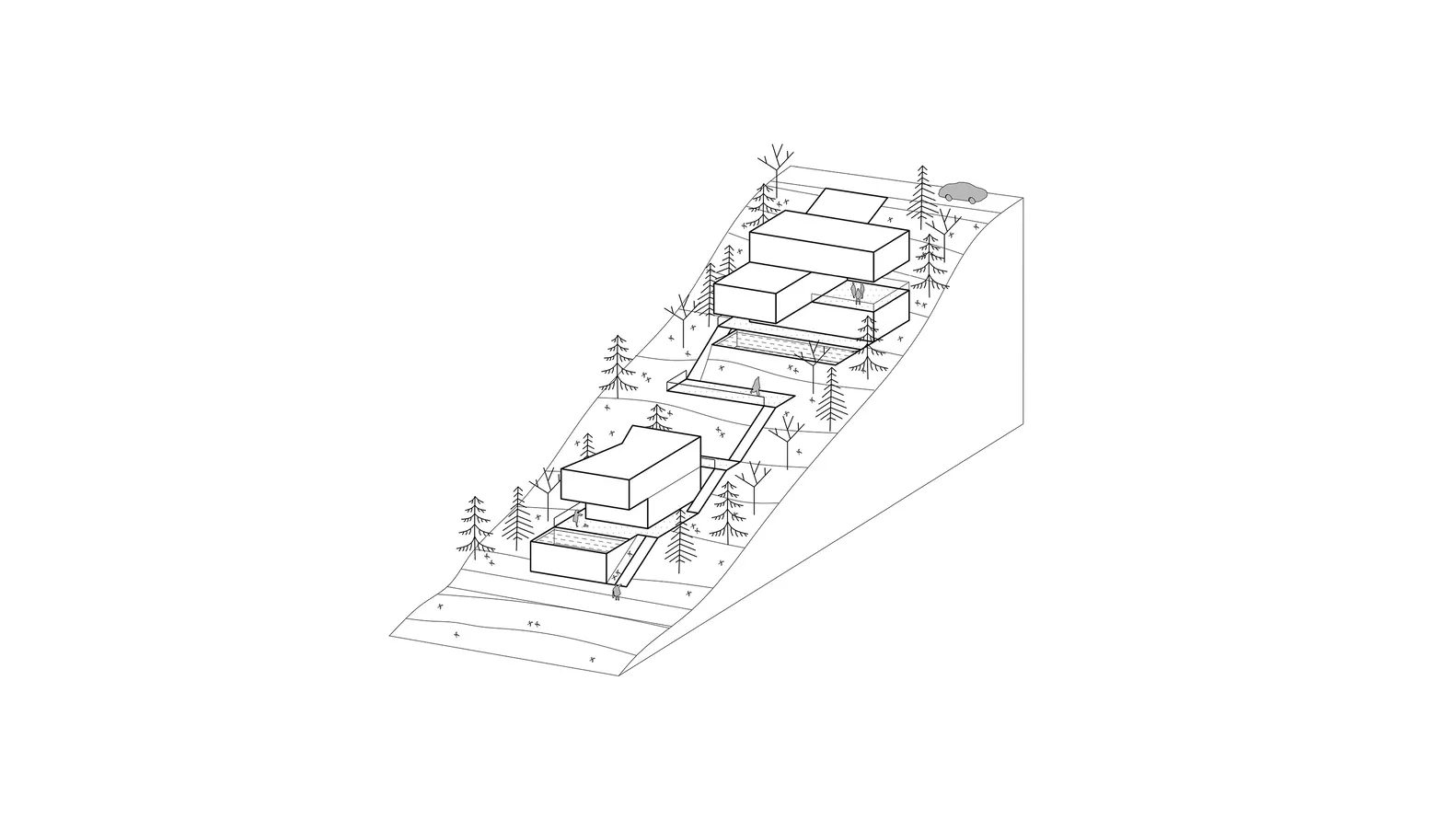 Simplified isometric drawing of a modern house with glass exterior.