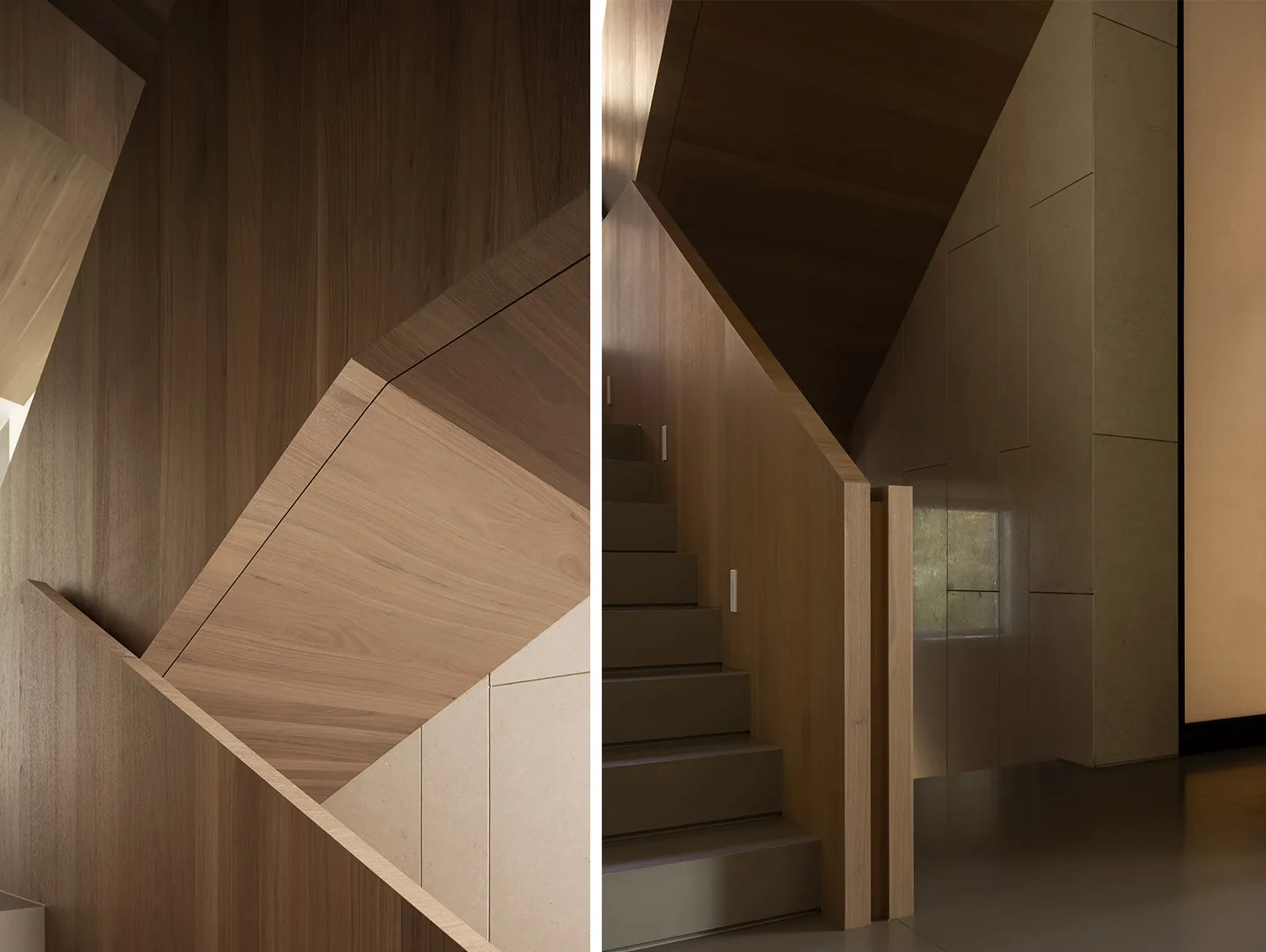 Staircase with wooden walls and steps in a minimalist interior design.