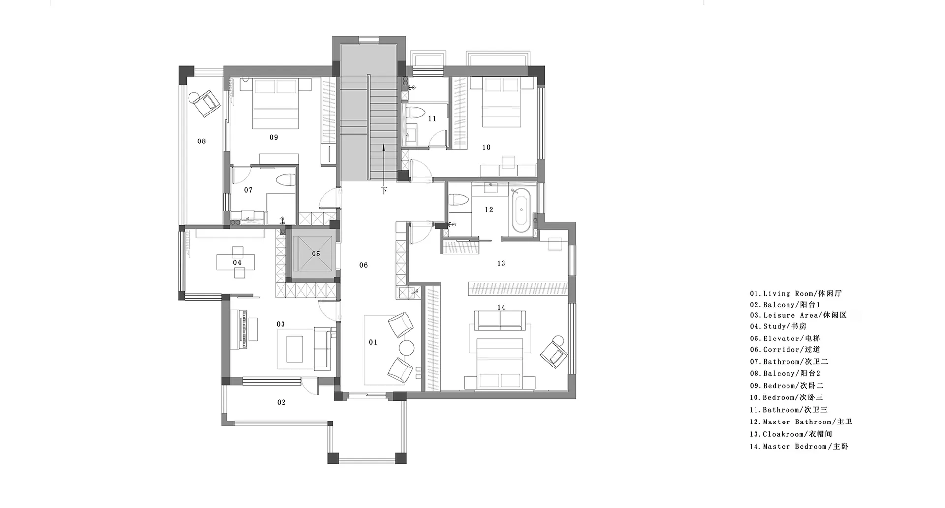 現代住宅二樓的2D建築平面圖。