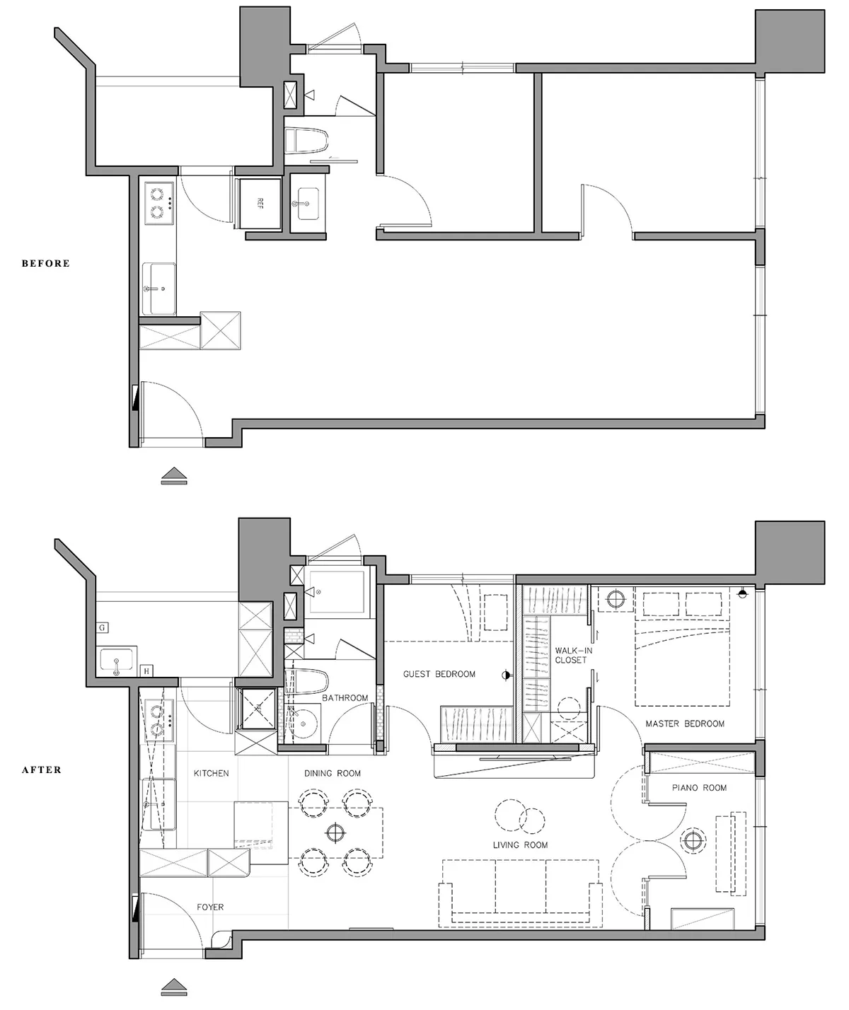 Comparative architectural floor plans depicting interior renovation before and after