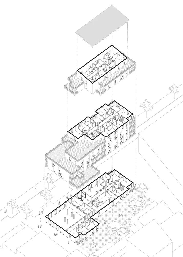 公寓建築的詳細2D技術圖,展示各種格局與房間配置。