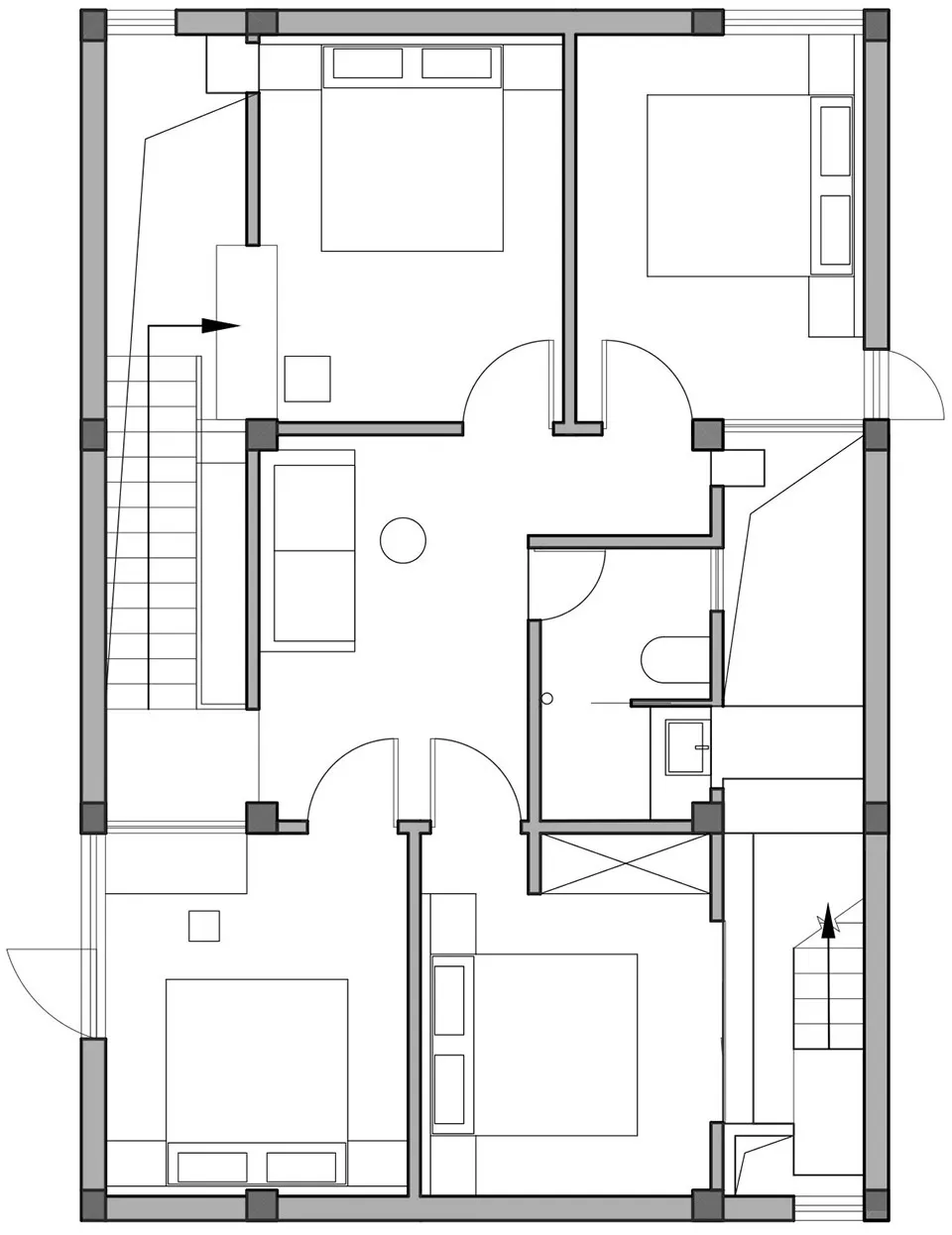 Modern residential floor plan layout showing living room, bedrooms, and bathroom.
