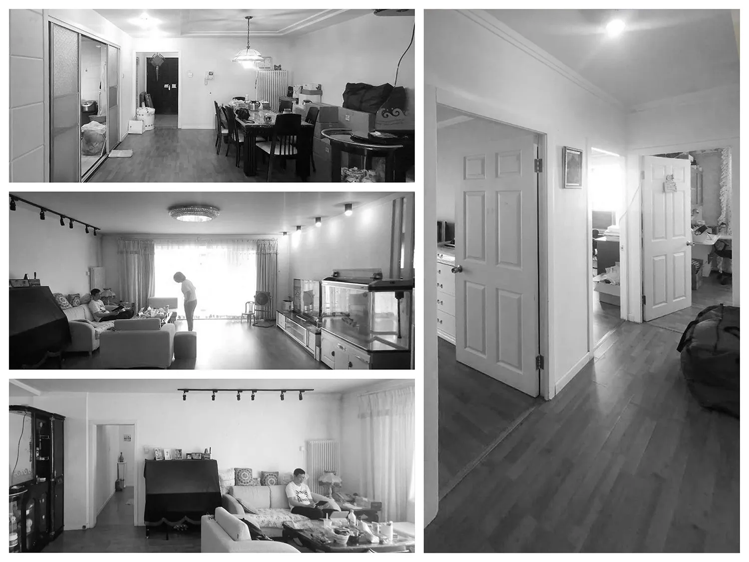 A modern home interior with white flooring, showcasing contemporary design elements.