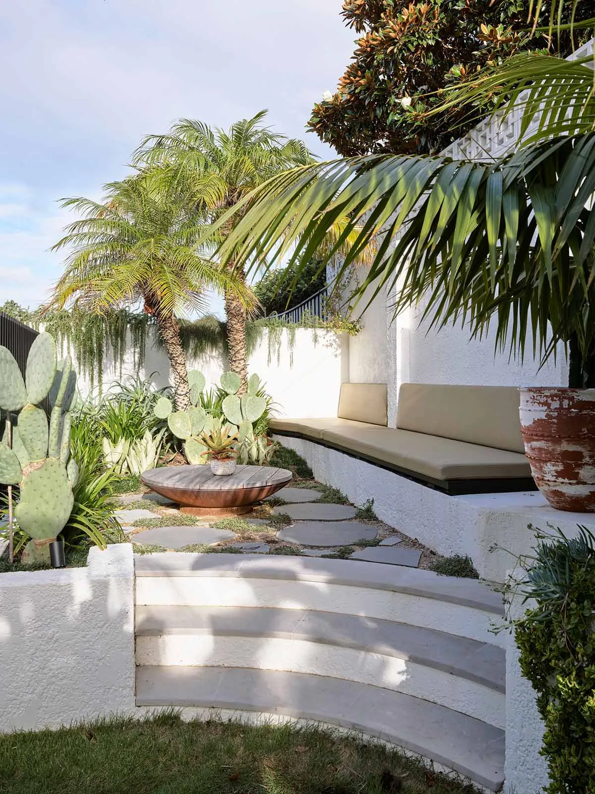 Modern outdoor living space featuring concrete steps, a seating area, and various plants including palm trees and cacti.