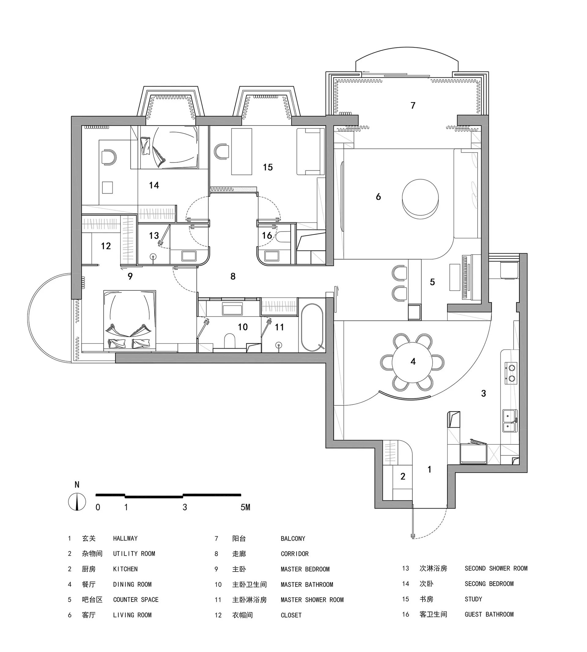一張詳細的2D建築圖,呈現現代住宅平面配置,包含開放式設計元素與寬敞的起居空間