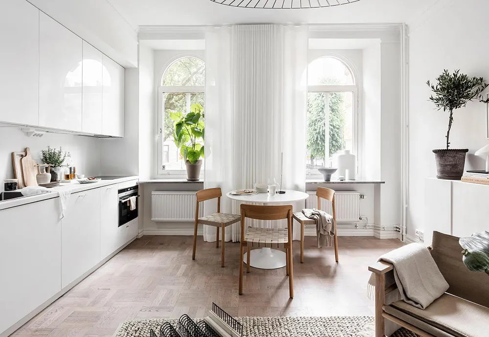 Modern minimalist apartment kitchen and living room with white cabinets, wooden flooring, and potted plants.