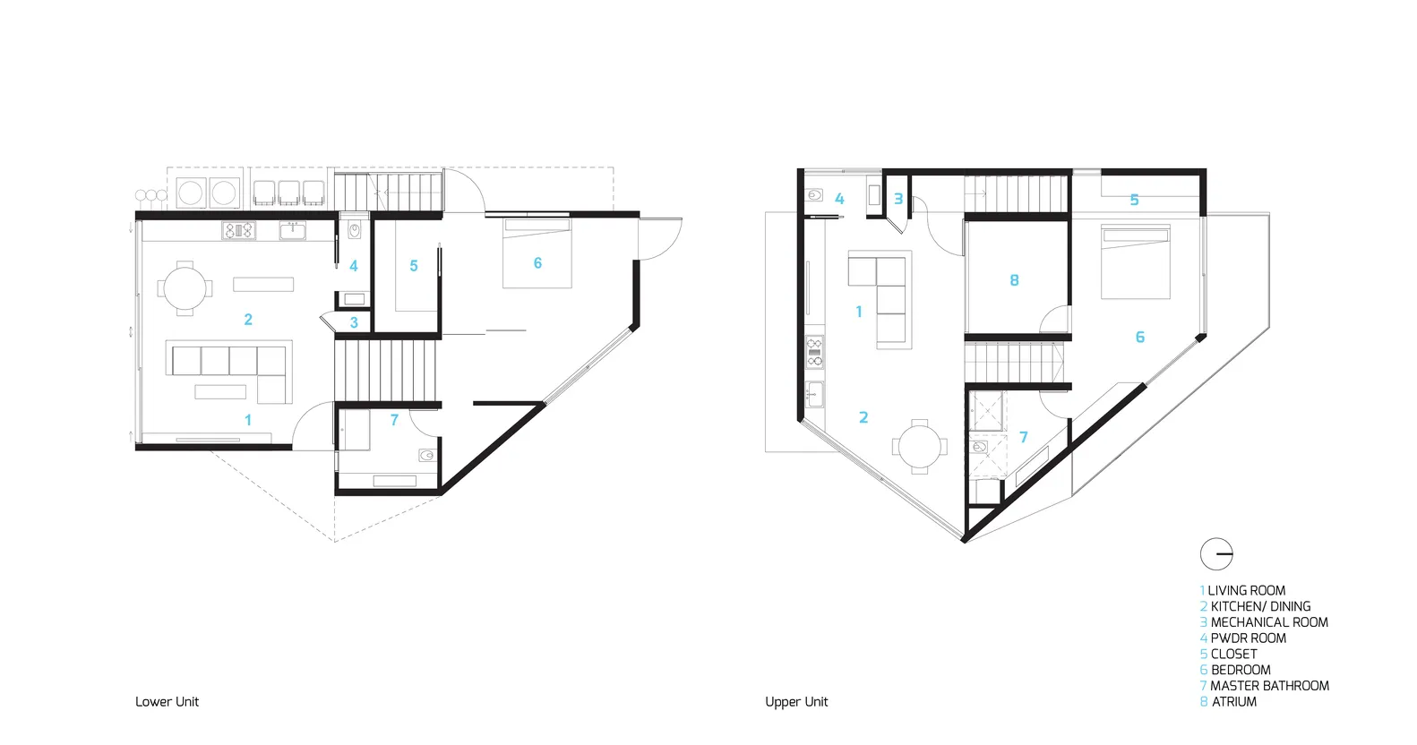 Floor plan of modern residential upper and lower units with labeled rooms and spaces.