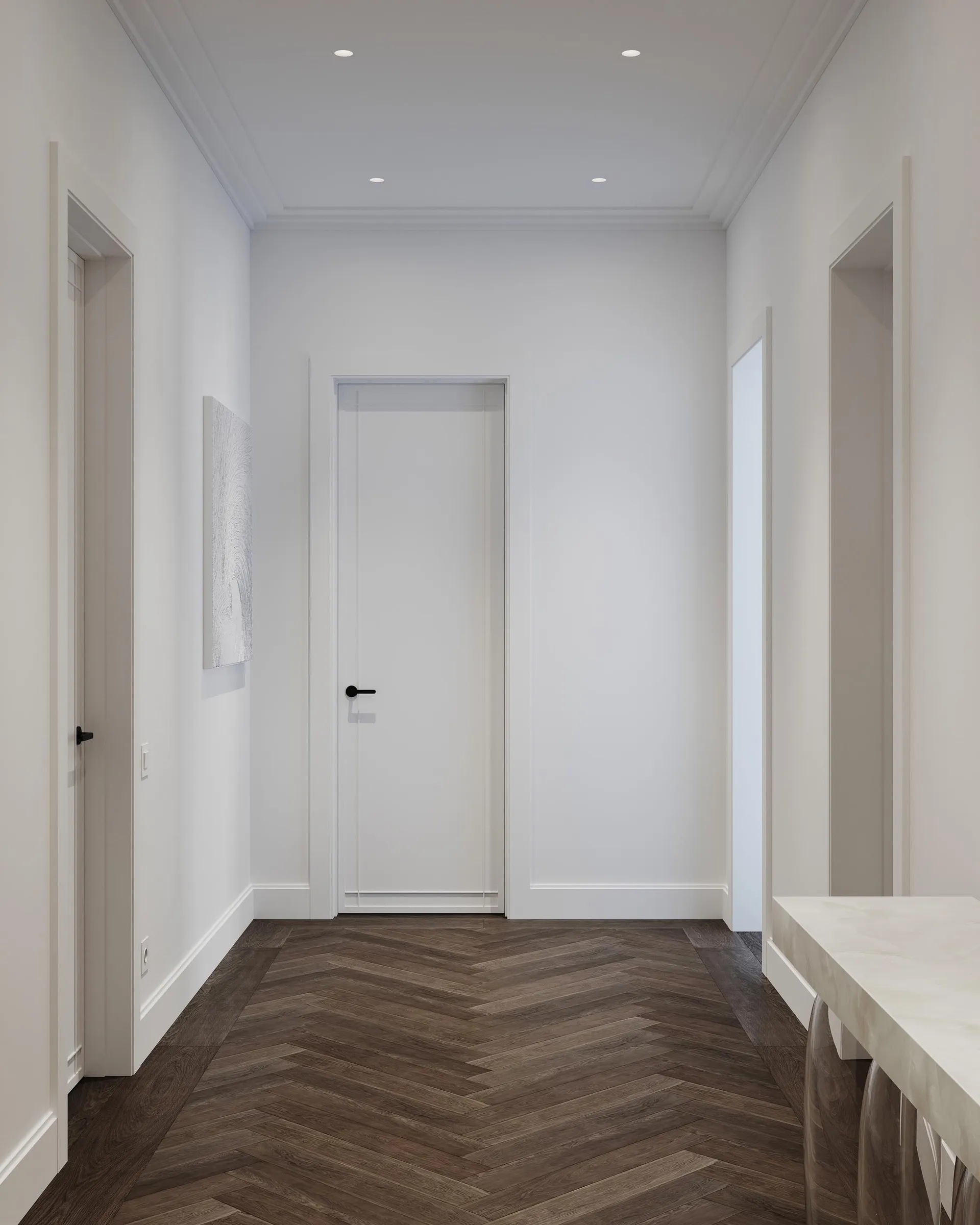 A minimalist living space featuring wooden tiles on the floor.