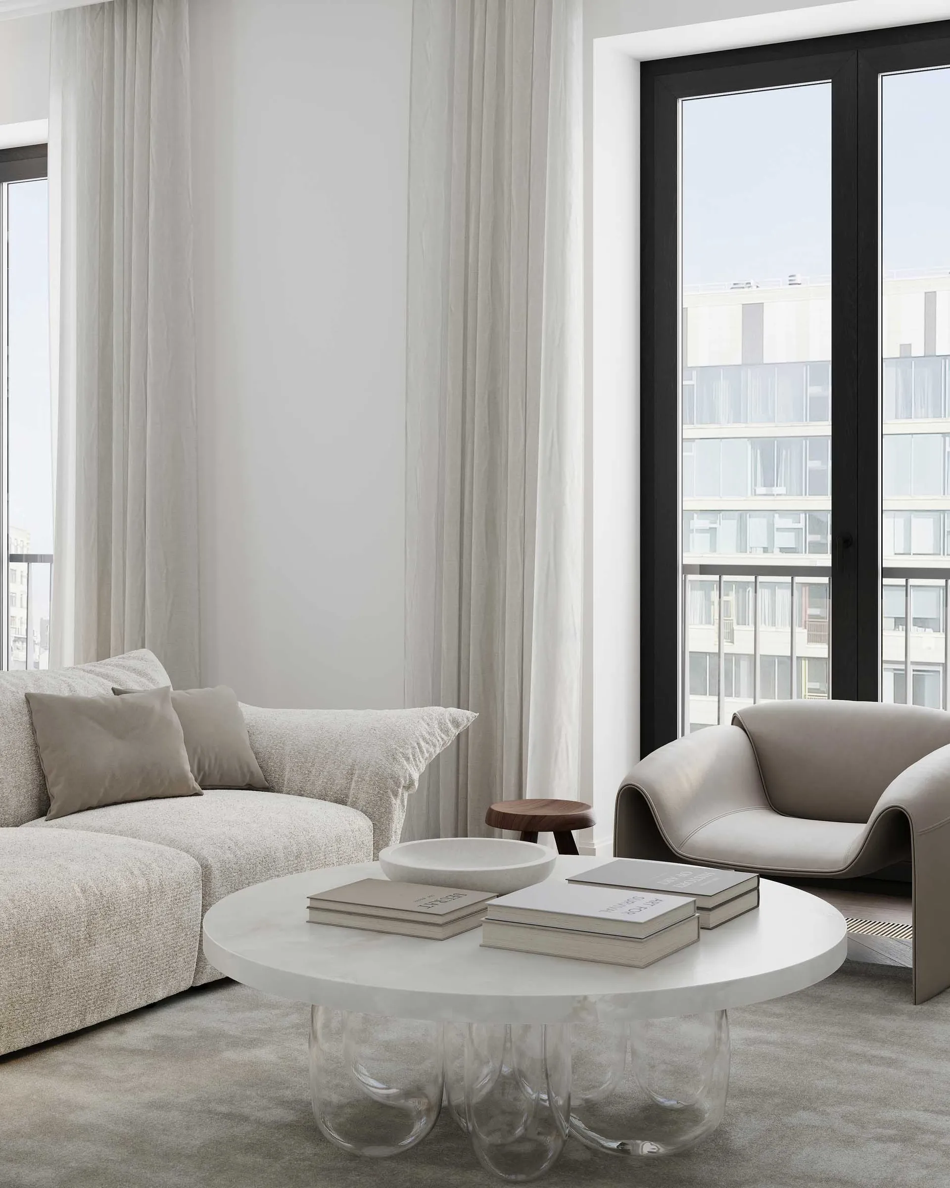 Modern living room with minimalist design, featuring a white fabric sofa and glass coffee table, large windows with light-col