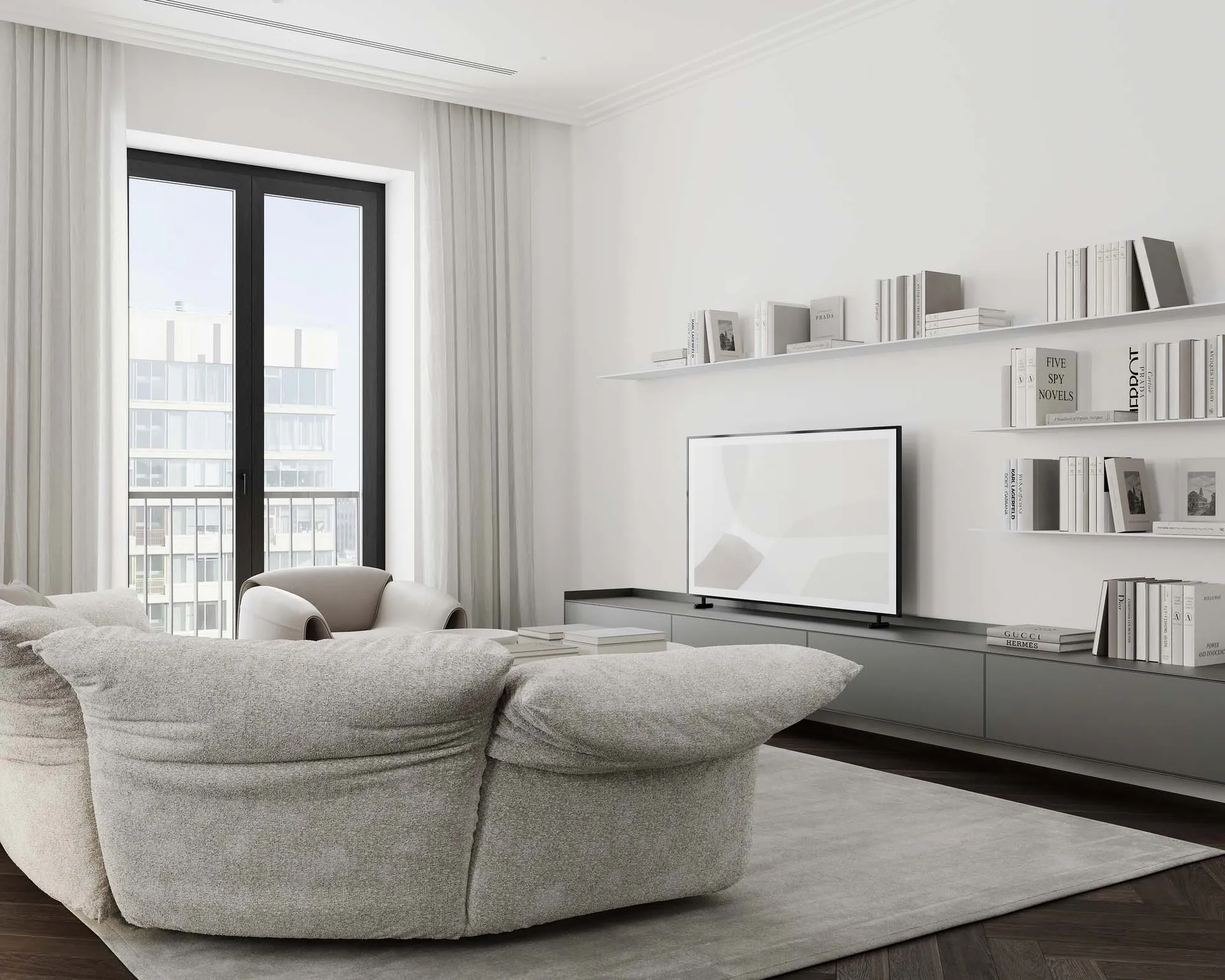 Modern minimalist living room featuring couches and shelving.