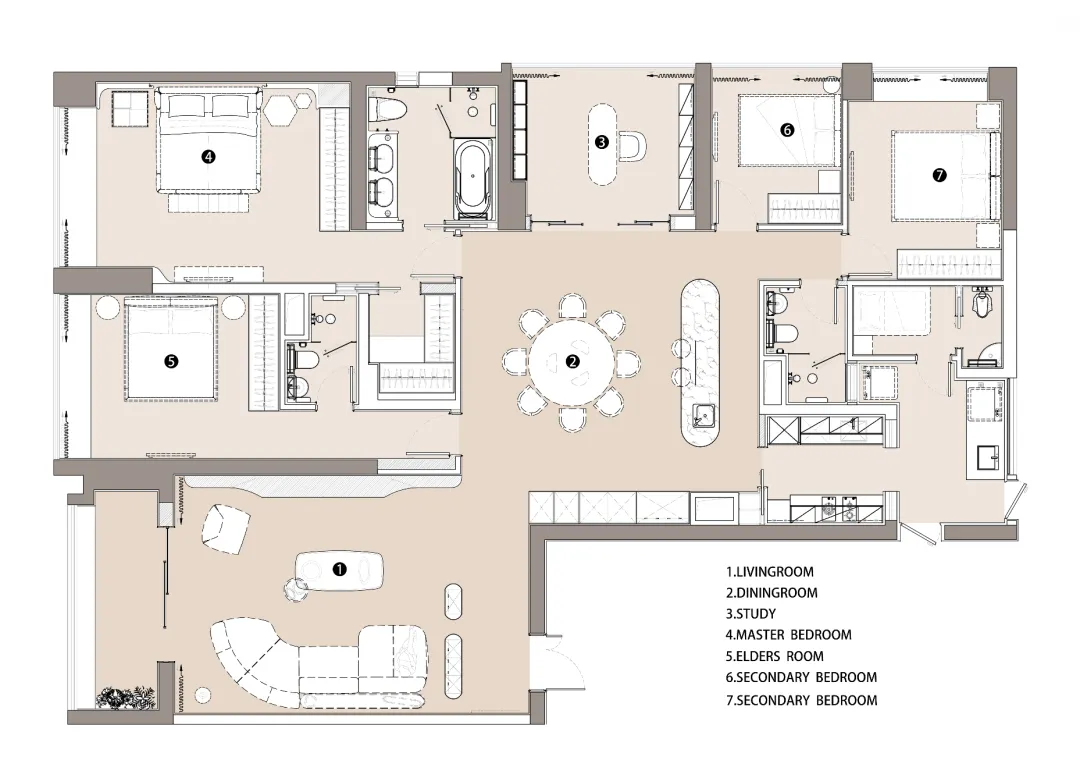 Floor plan of a modern residential design with living, dining, study, and bedrooms.