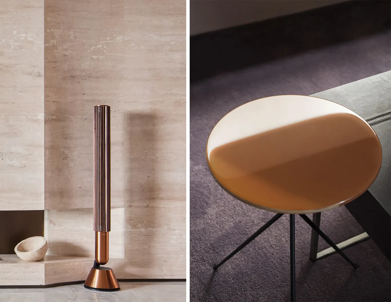 Modern, round side table with a sleek, metallic finish.