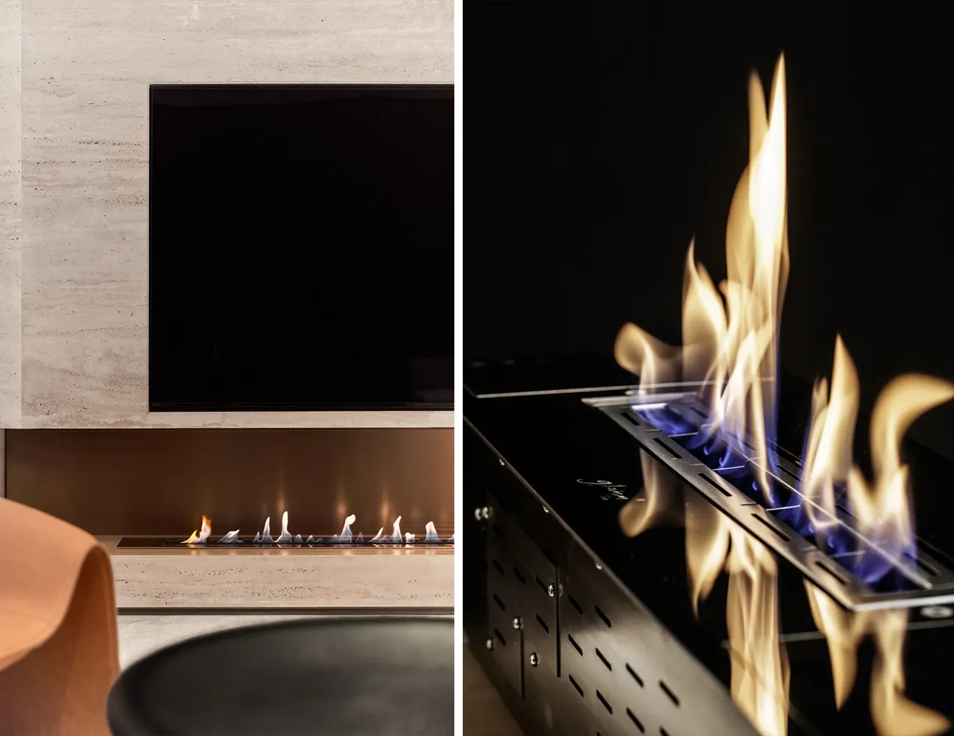 A modern fireplace with a minimalist design, featuring a glass front and marble surroundings.