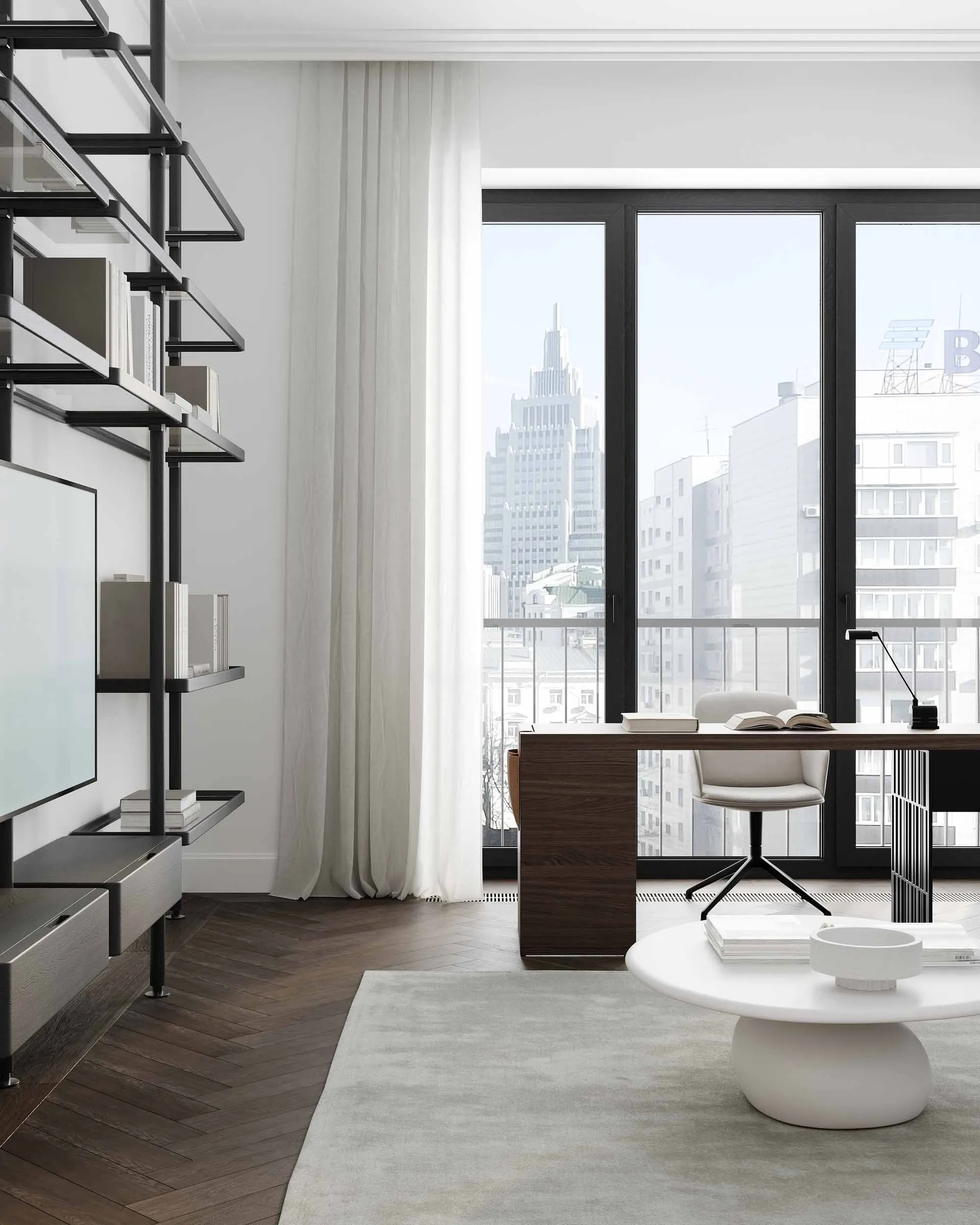 A modern office space featuring wooden elements, large windows with a city view, and minimalist furniture.