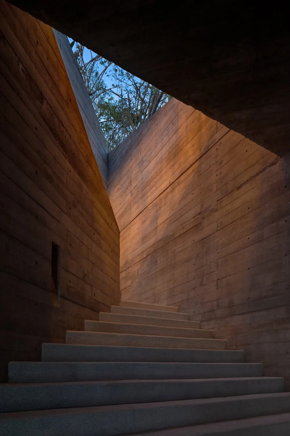 Staircase with wooden walls and ceiling, leading up to natural light from an open window.