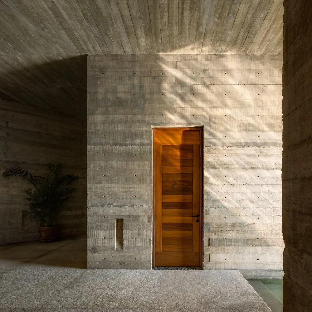 Modern minimalist interior design featuring a concrete wall and a wooden door.