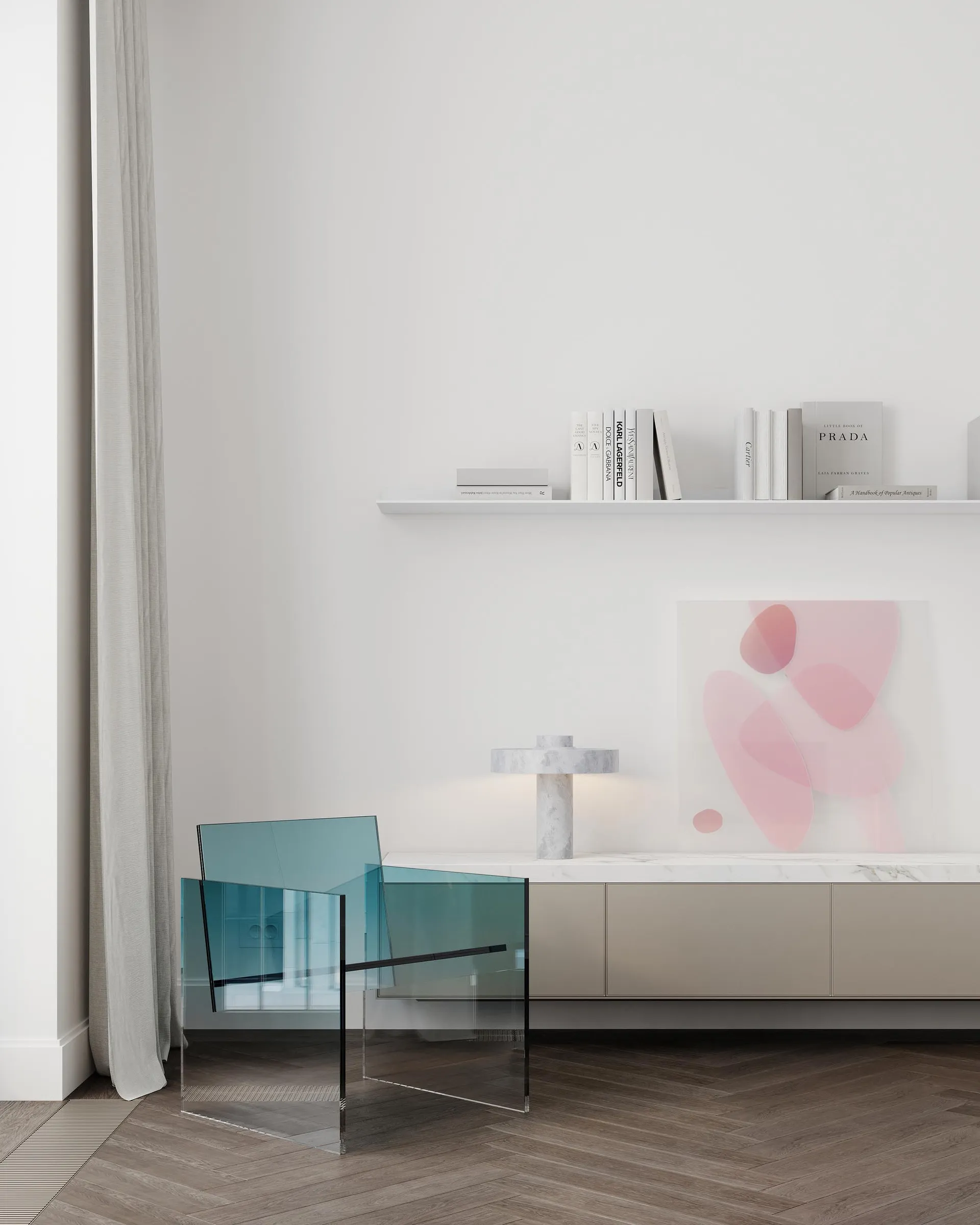 Minimalist living room featuring glass chairs, marble furniture, and a white wall with a shelf and abstract artwork.