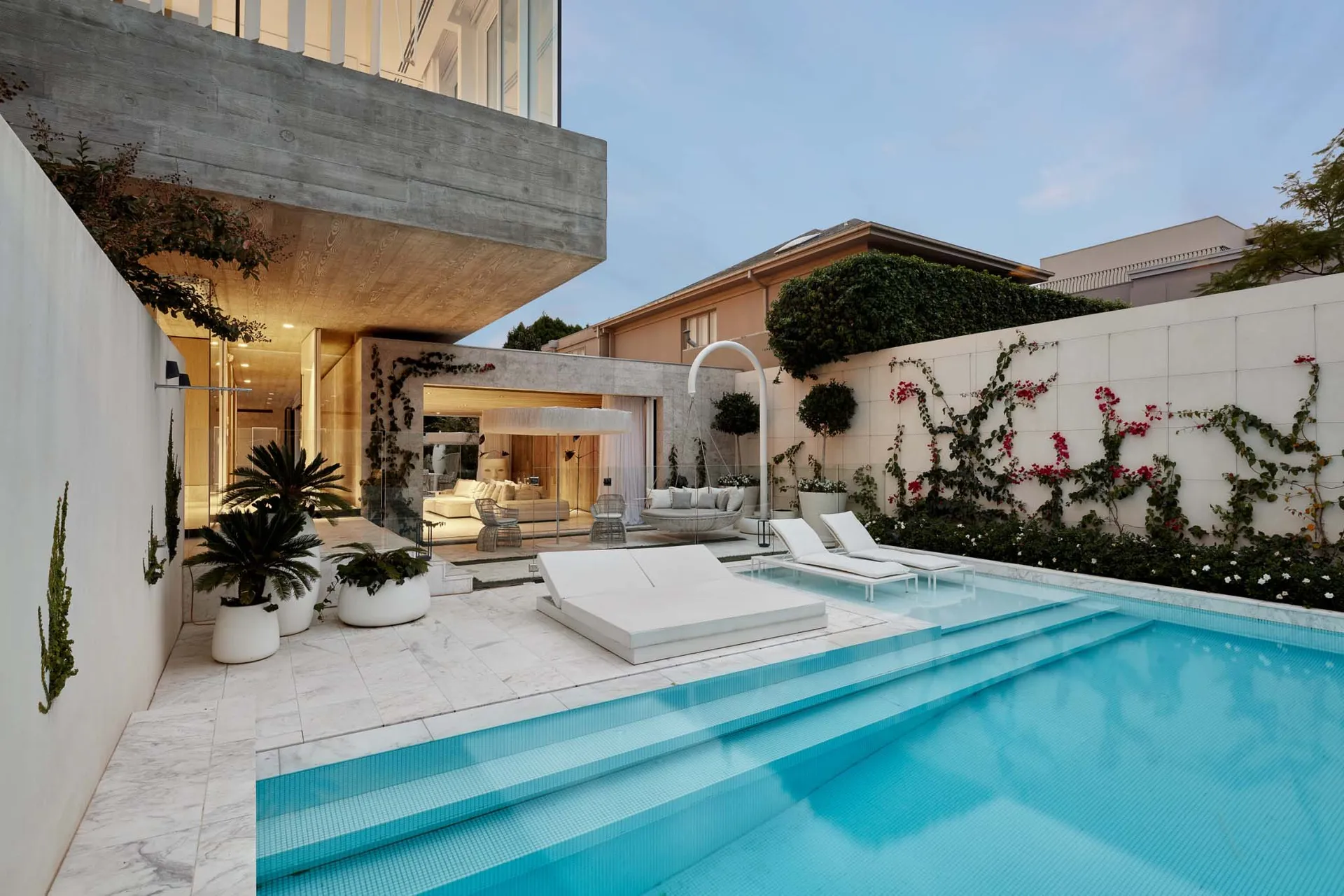 Modern backyard featuring a concrete pool with a contemporary design, surrounded by white walls adorned with climbing plants