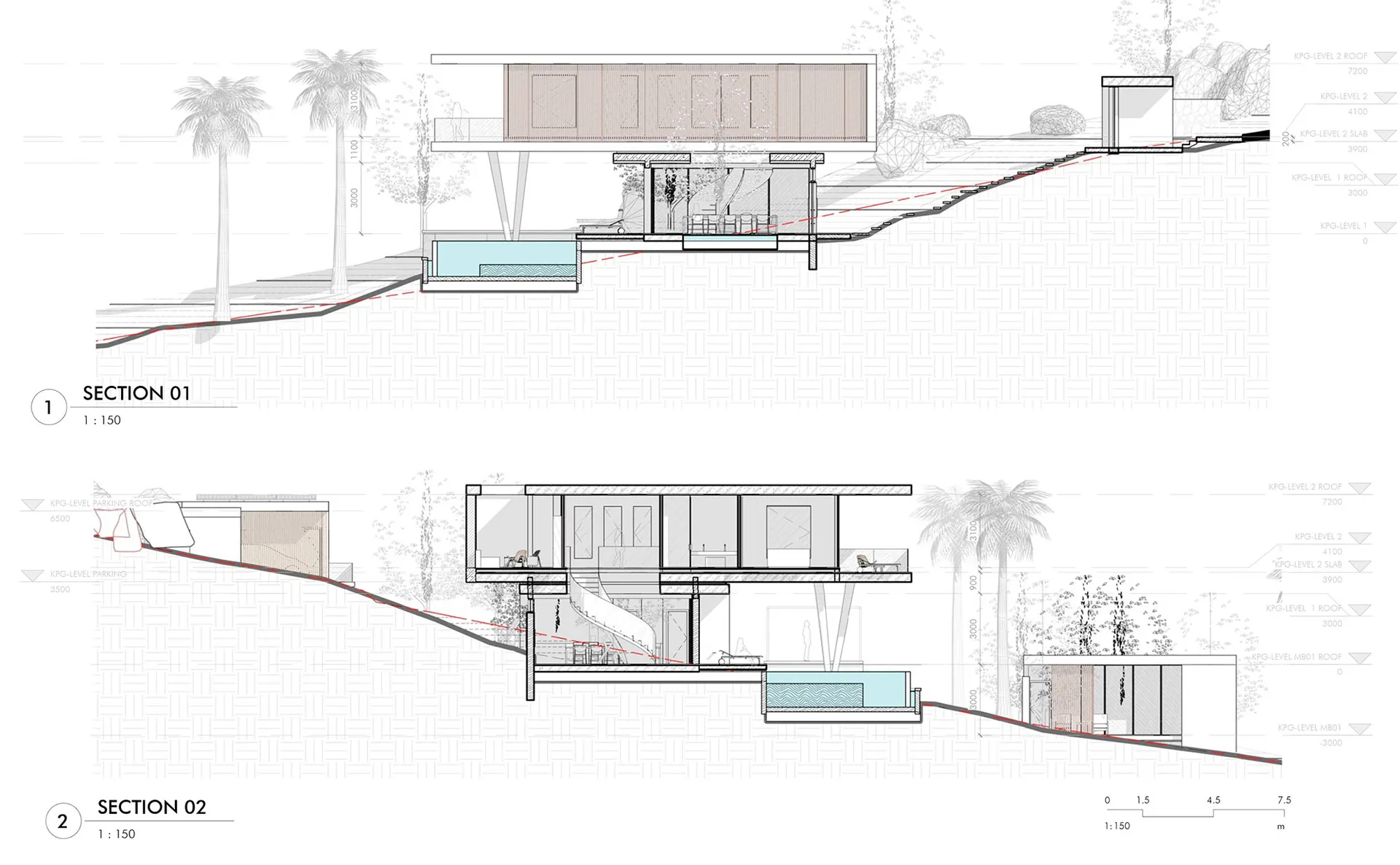 Modern architectural building section featuring glass walls, concrete floors, steel structures, and wooden elements.