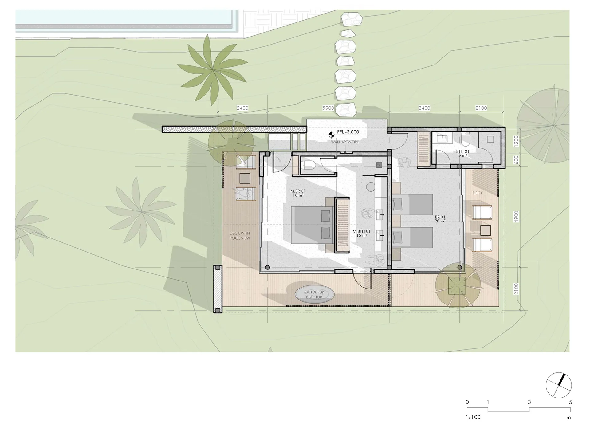 A floor plan of a modern residential house with concrete and wooden finishes.