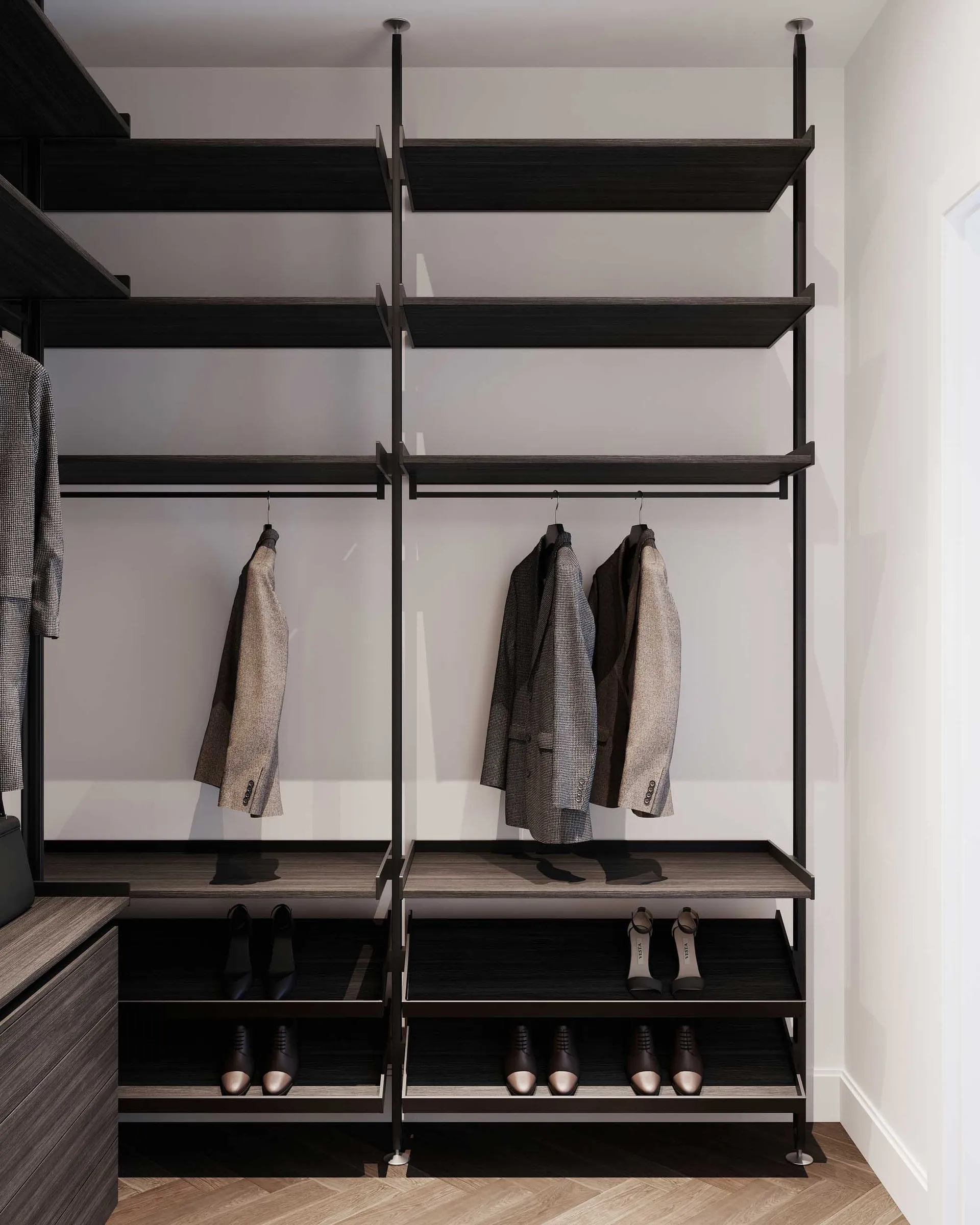 A modern closet featuring wooden shelves and metallic elements.