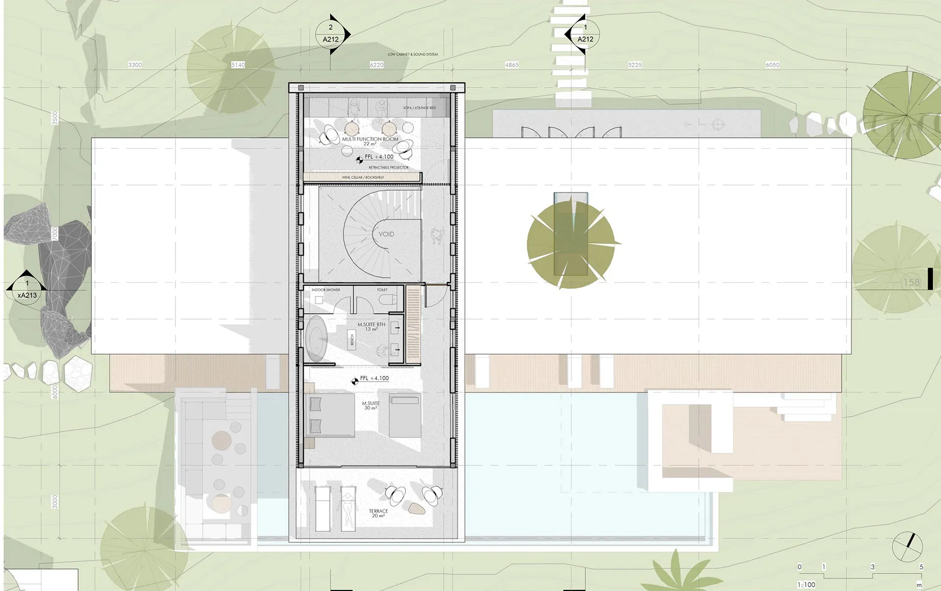 Floor plan of a modern residential building with various rooms and spaces.