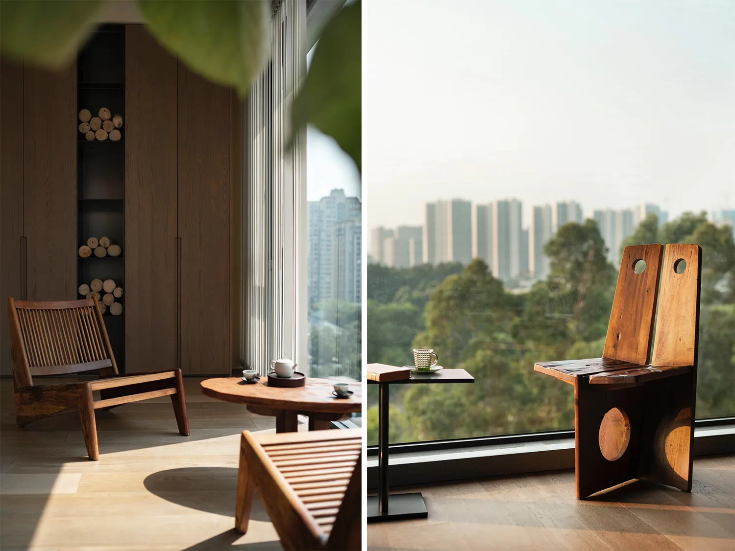 Modern wooden living room featuring slatted wooden chairs and a round table with a tea service, set against a backdrop of cit