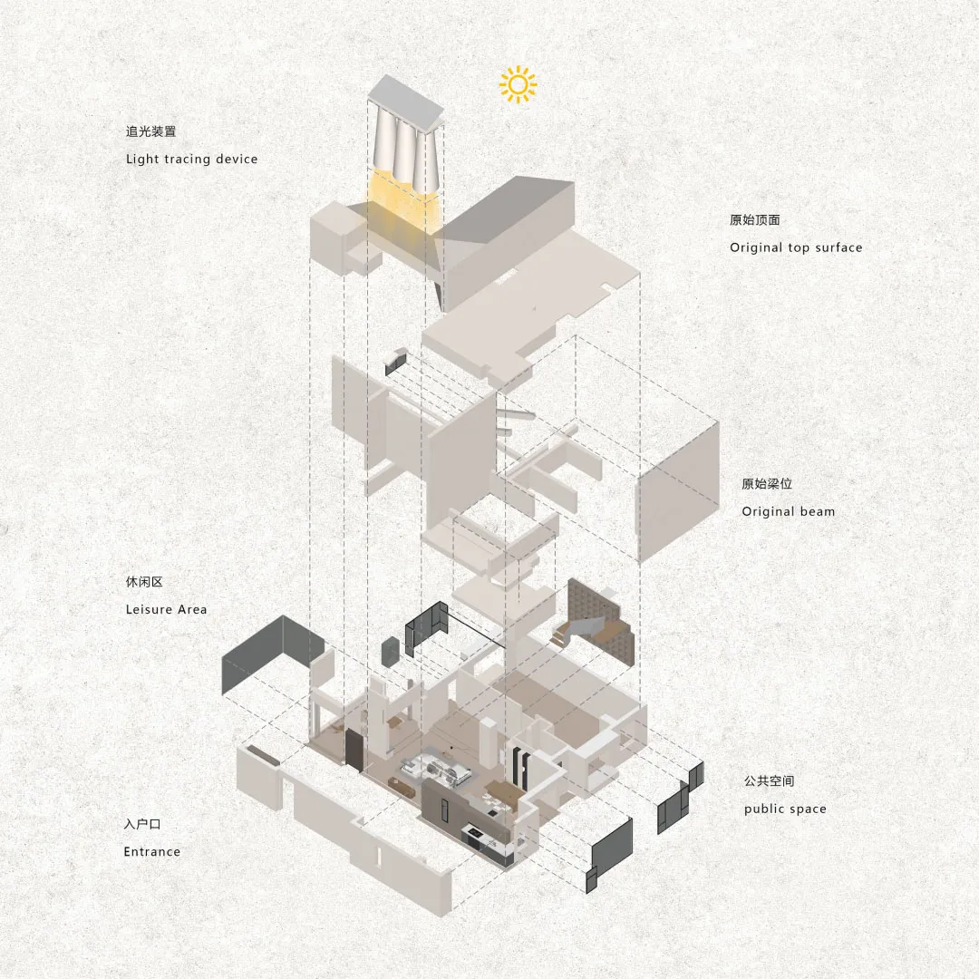 Rendered architectural illustration depicting an interior space with a light tracking device.