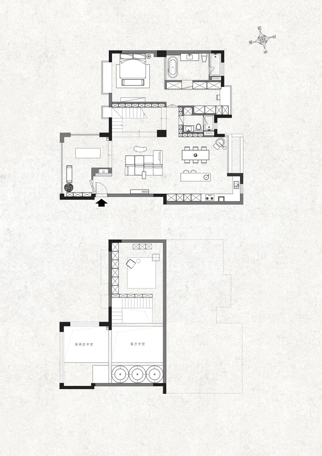 2D drawing of a minimalist apartment layout featuring modern furniture and open space.