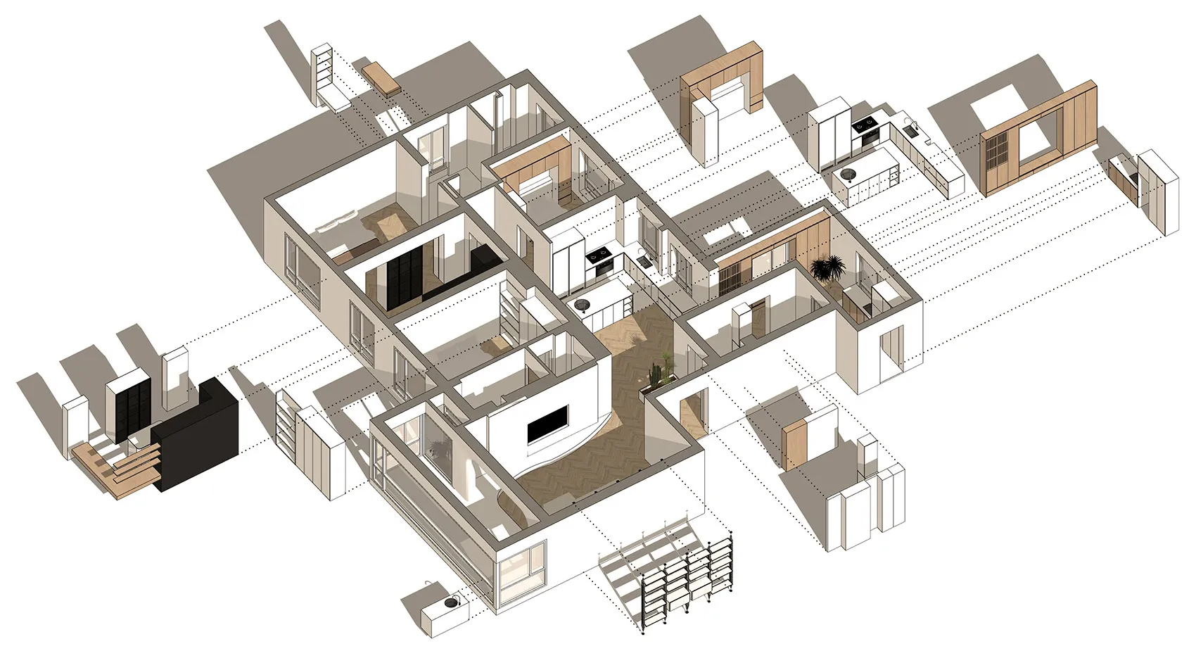 現代住宅公寓佈局的簡化3D渲染,採用混合材質與開放空間。