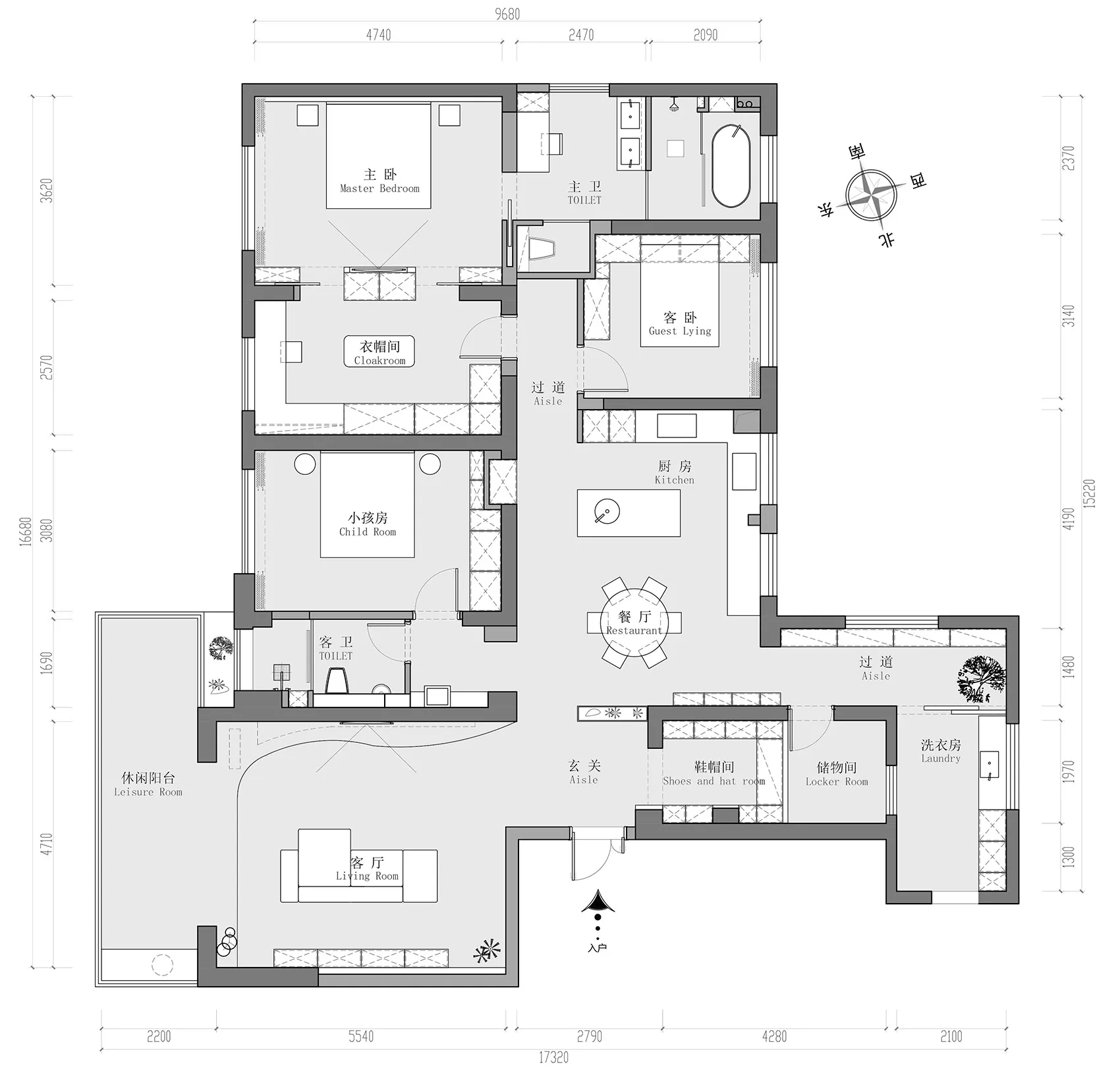 現代住宅平面圖的2D建築繪圖,附有尺寸標註與房間標籤。
