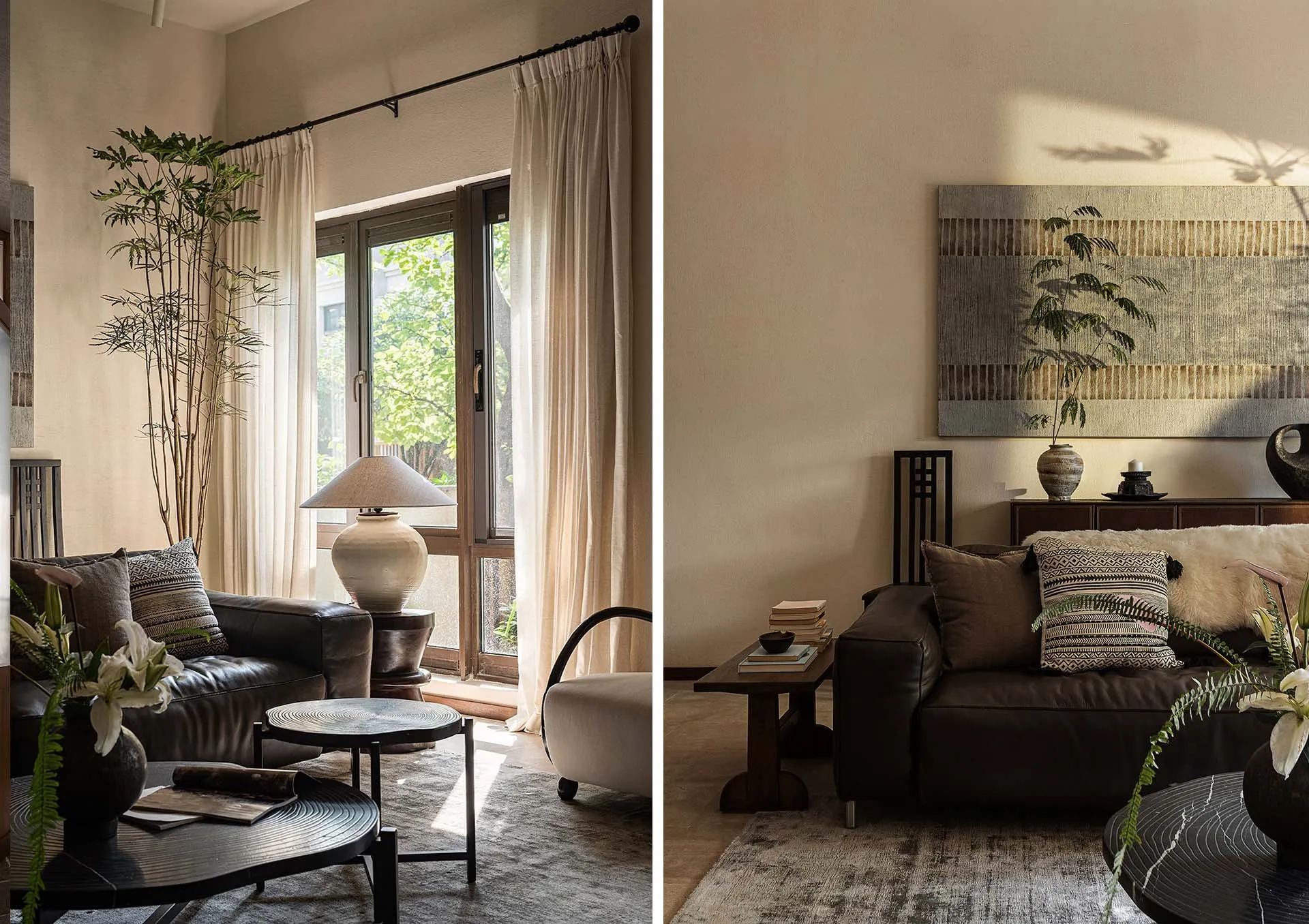 A living room featuring fabric curtains, glass doors, and wooden furniture.